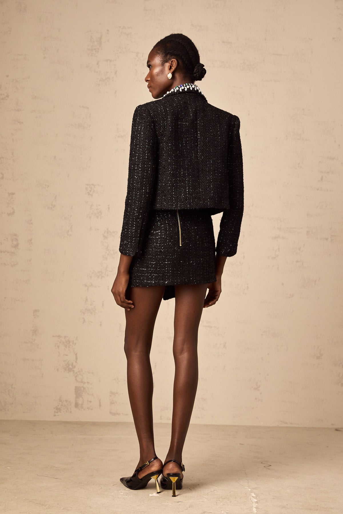 Delphine black crystal tweed jacket & skirt matching set