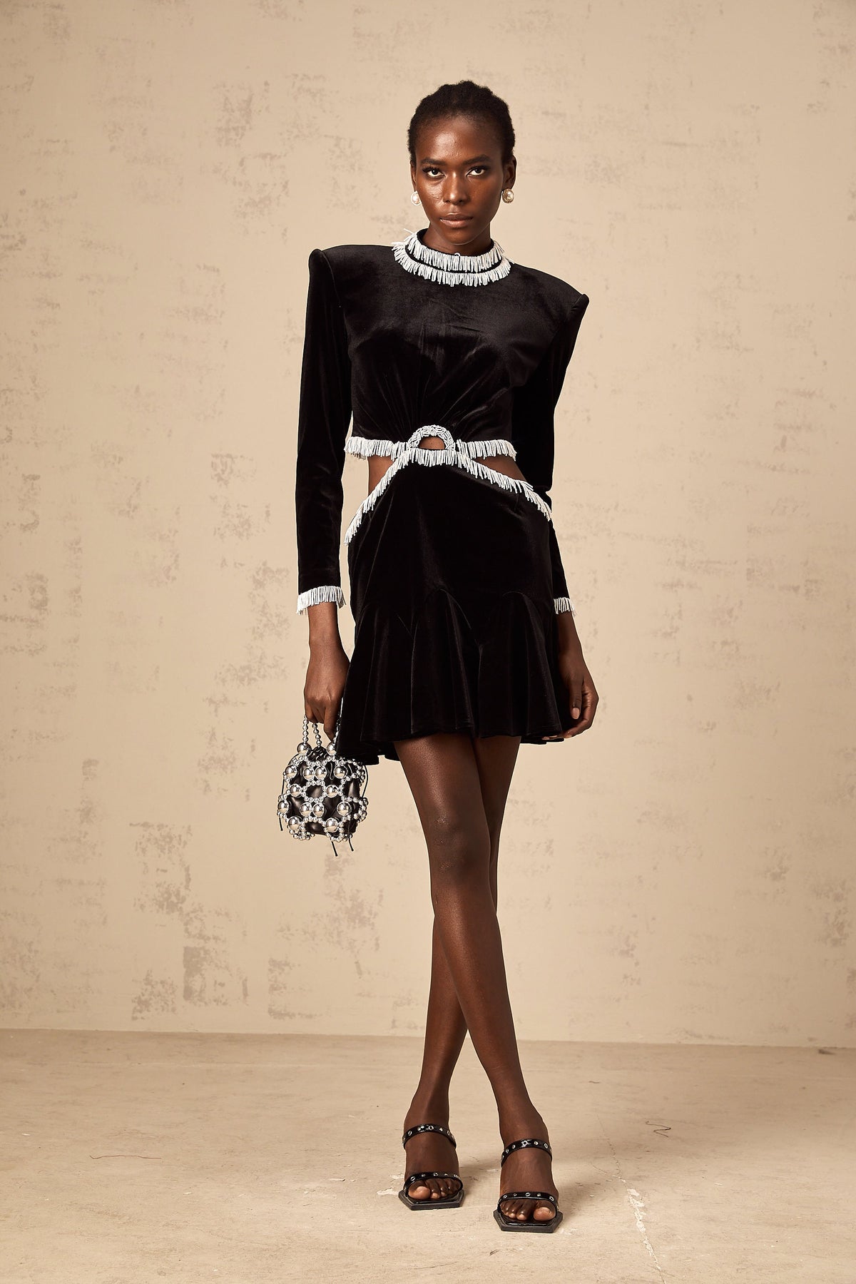 Daniela black cut-out fringed velvet mini dress