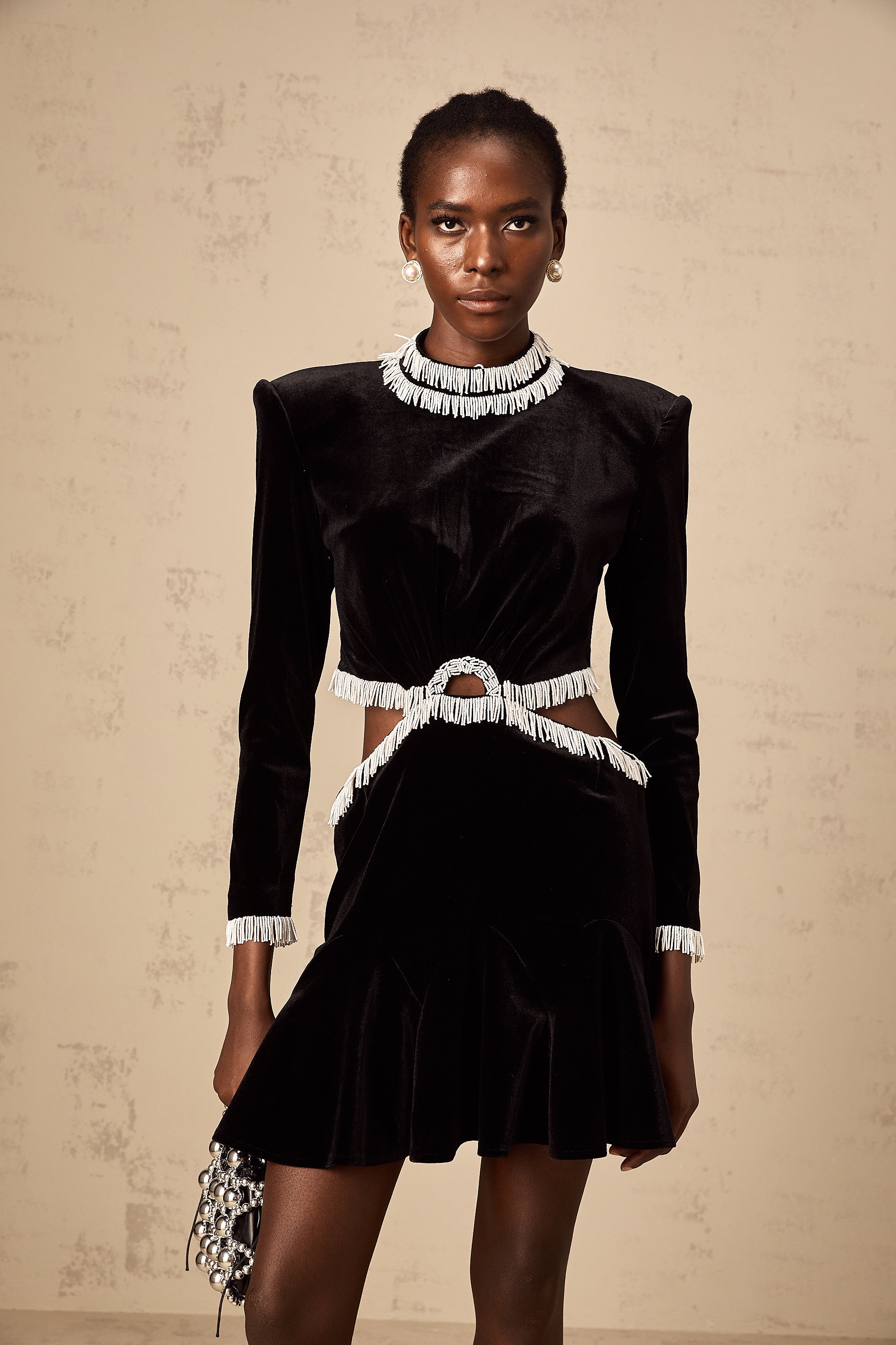 Daniela black cut-out fringed velvet mini dress