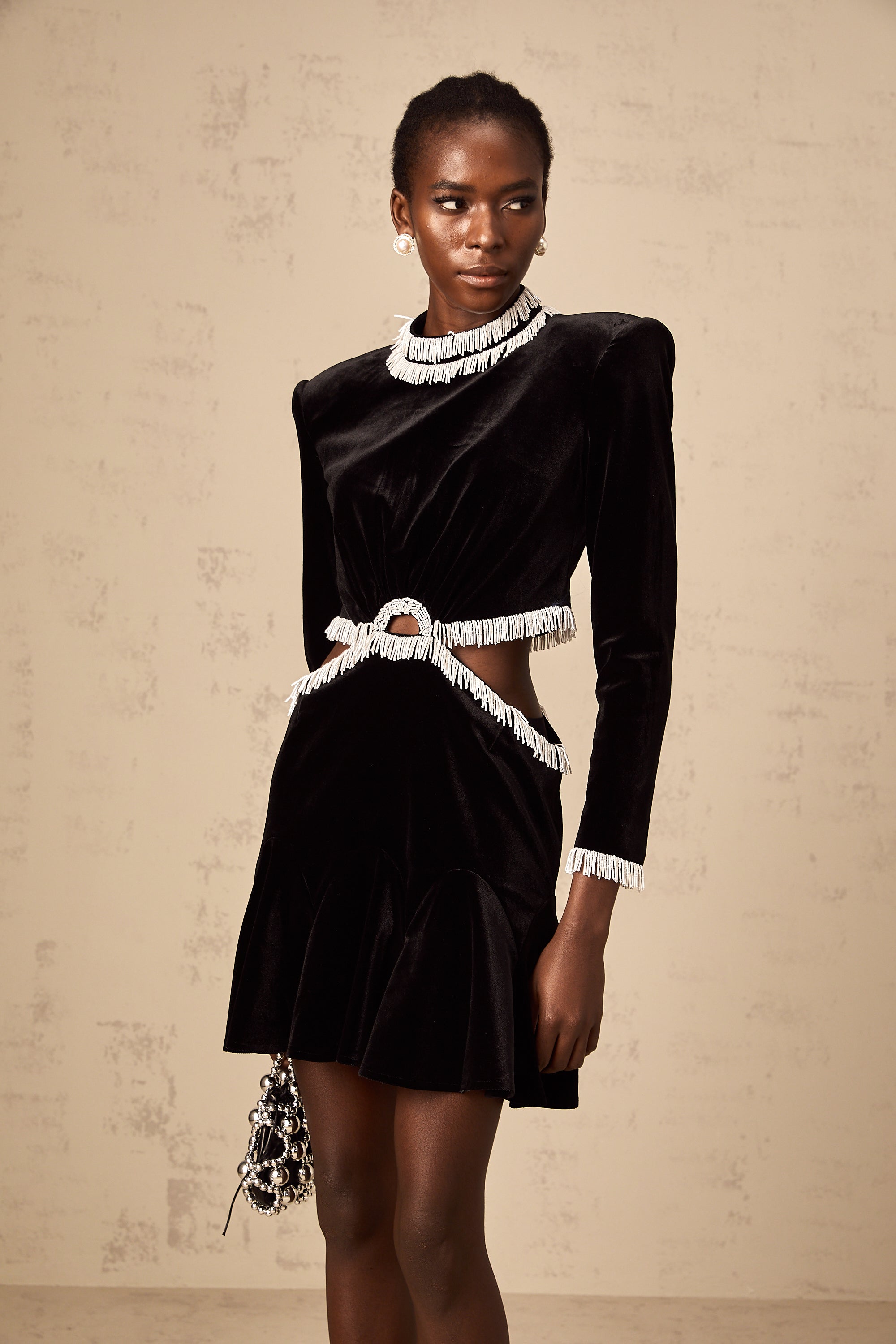 Daniela black cut-out fringed velvet mini dress
