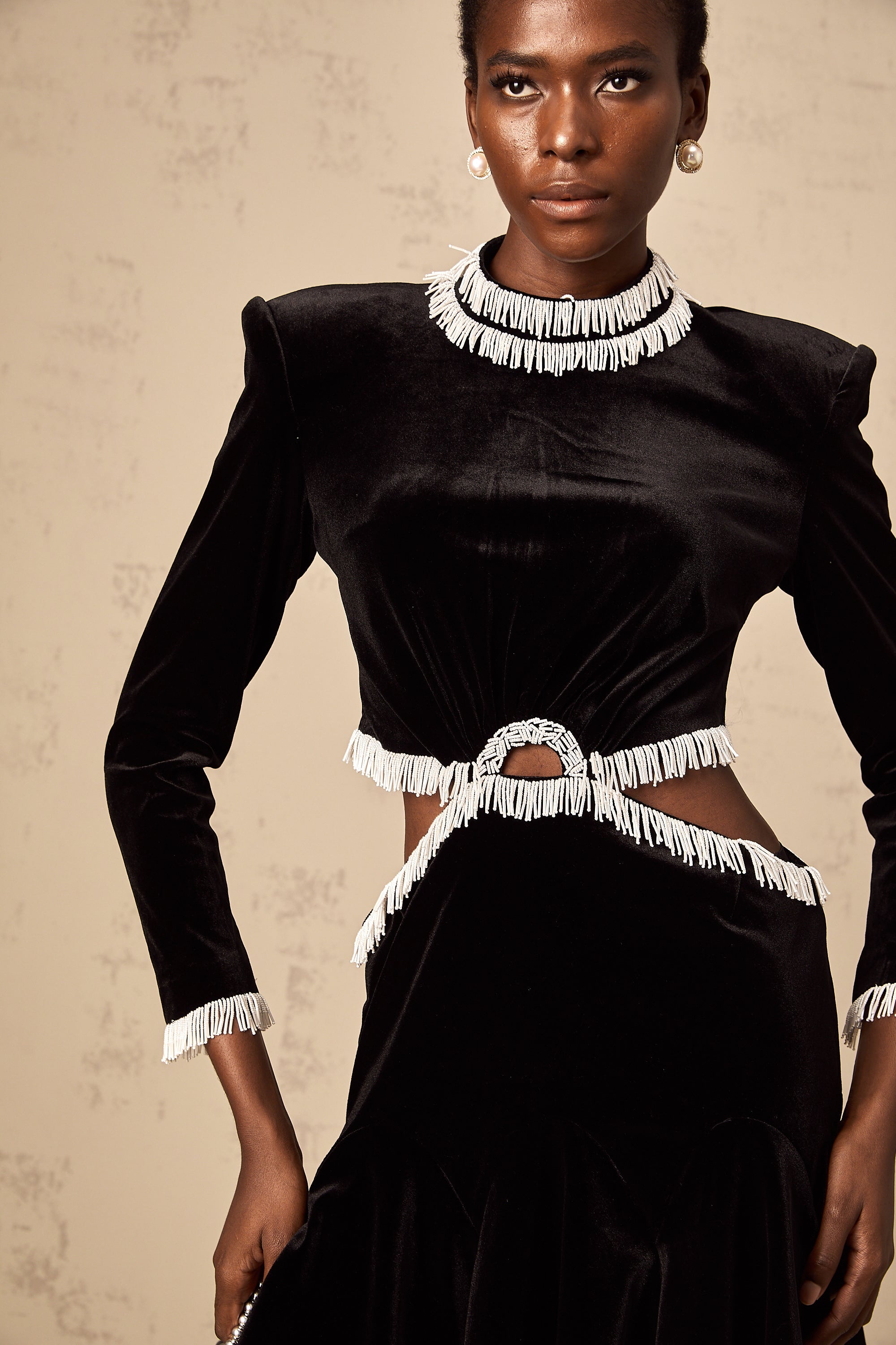 Daniela black cut-out fringed velvet mini dress