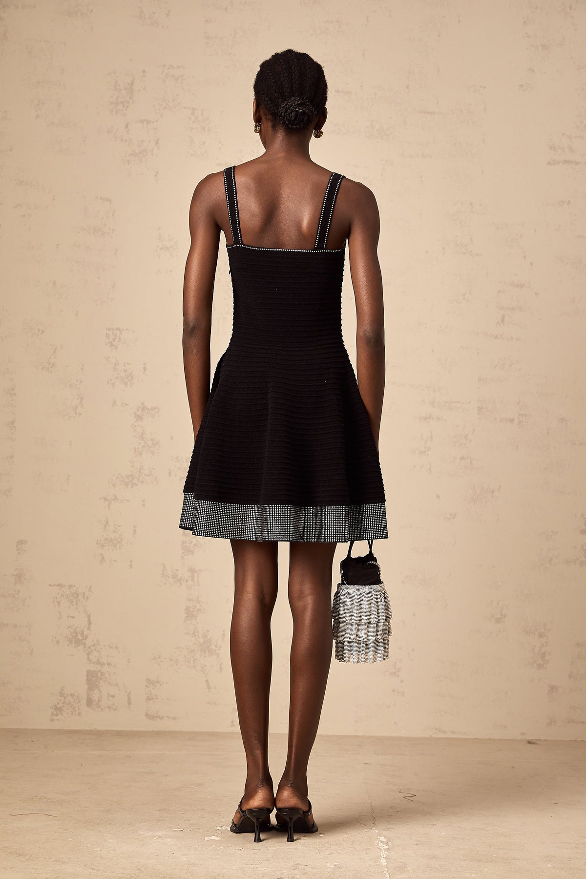Éliane black studded flared knit mini dress
