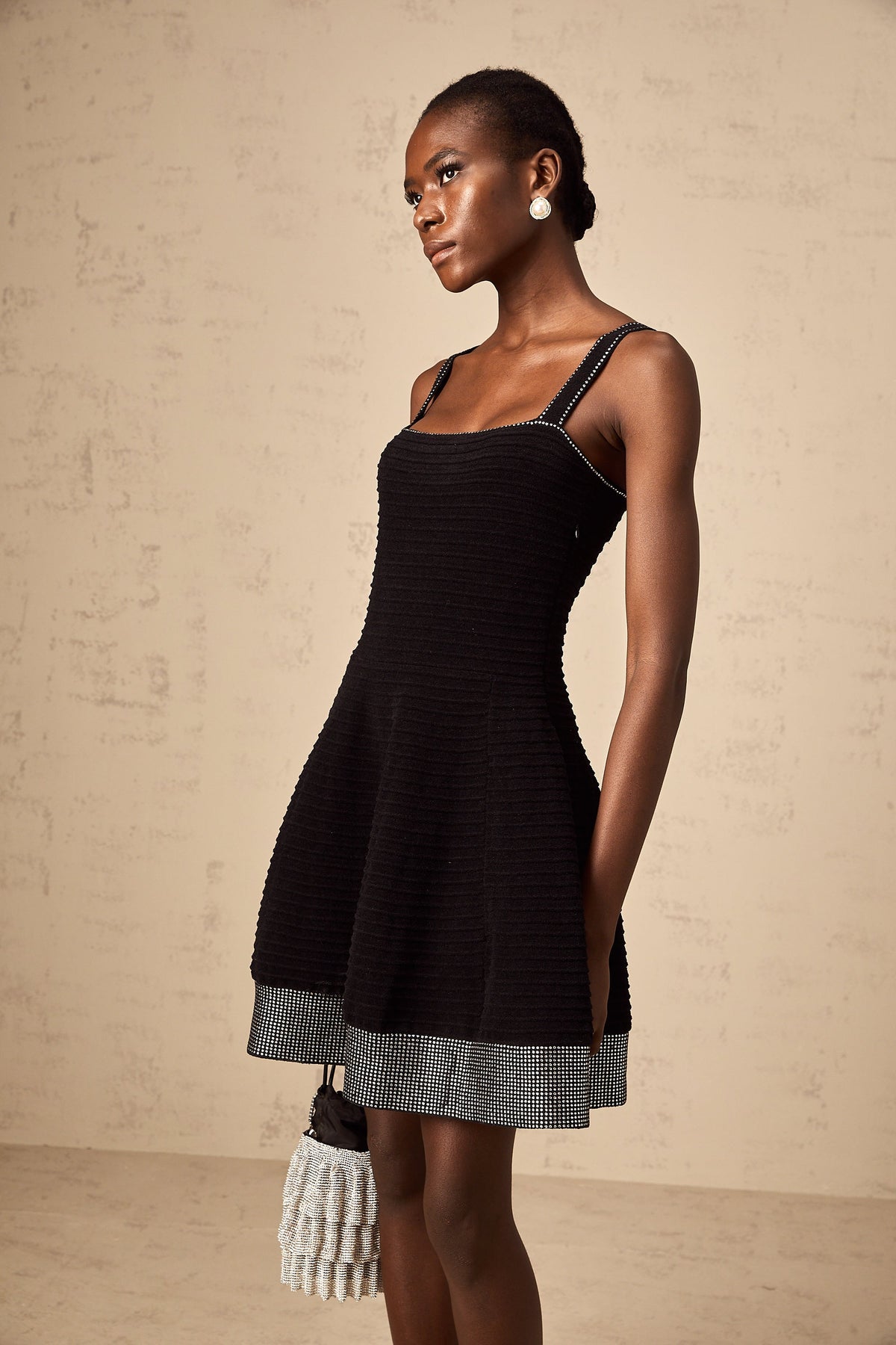 Éliane black studded flared knit mini dress