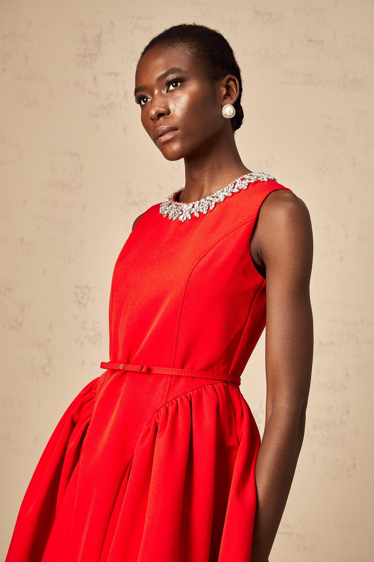 Léonie red embellished pleated mini dress