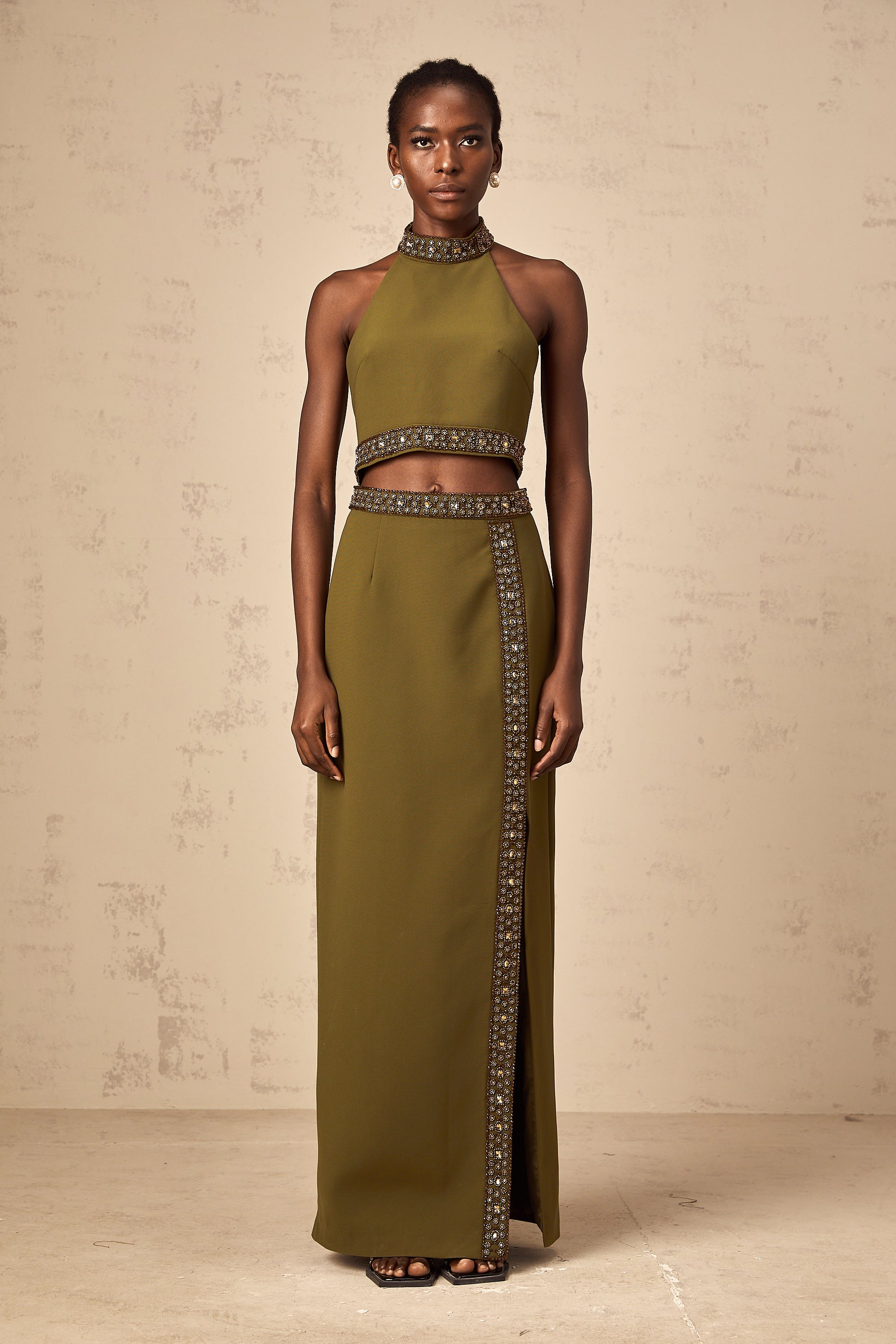 Daisy green beaded-trim top & skirt matching set (Final Sale-US Only)