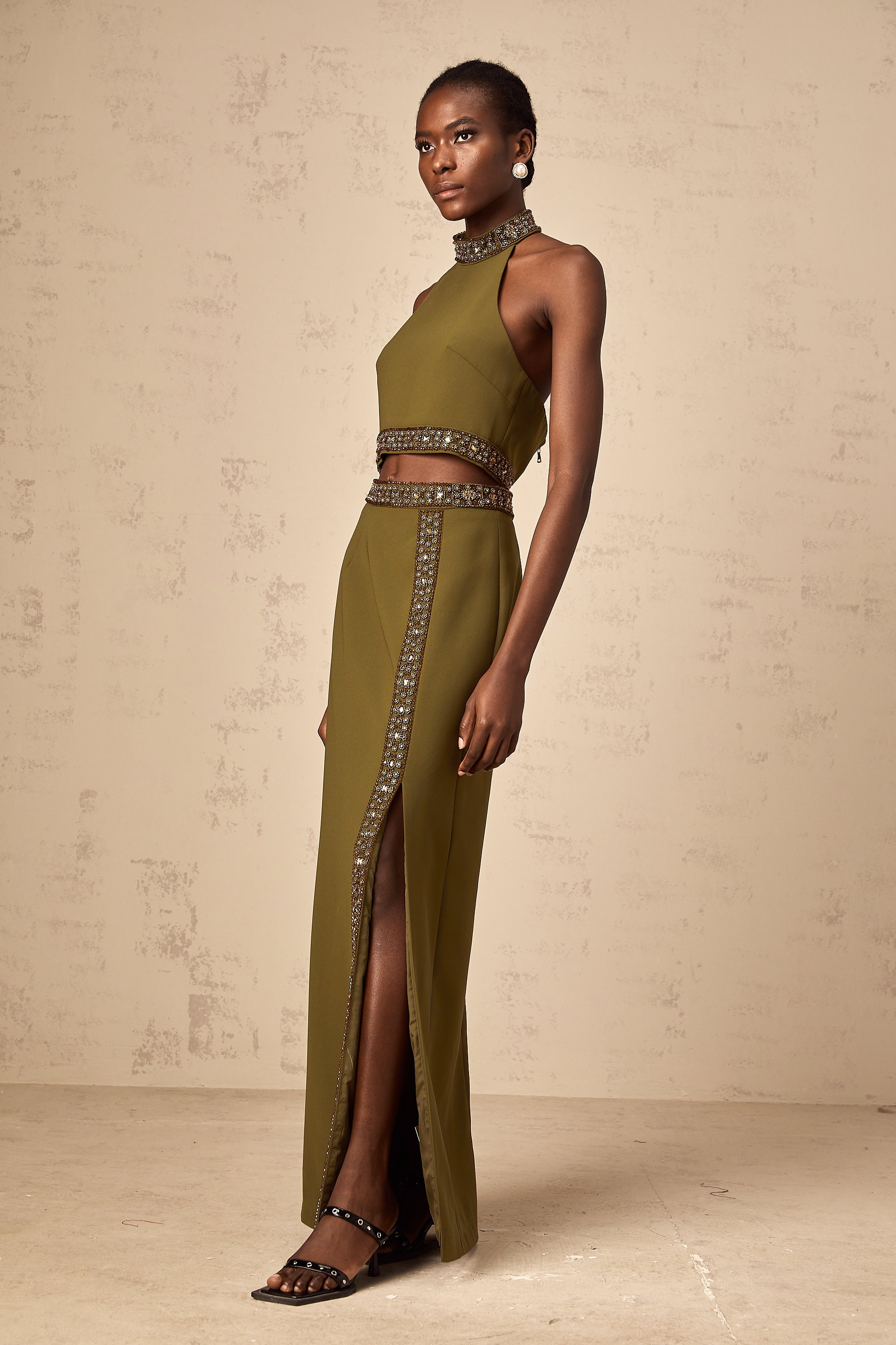 Daisy green beaded-trim top & skirt matching set (Final Sale-US Only)