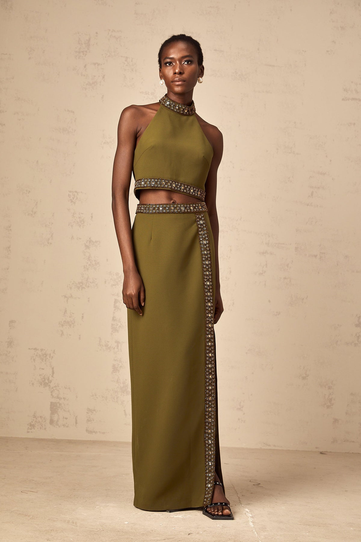 Daisy green beaded-trim top & skirt matching set
