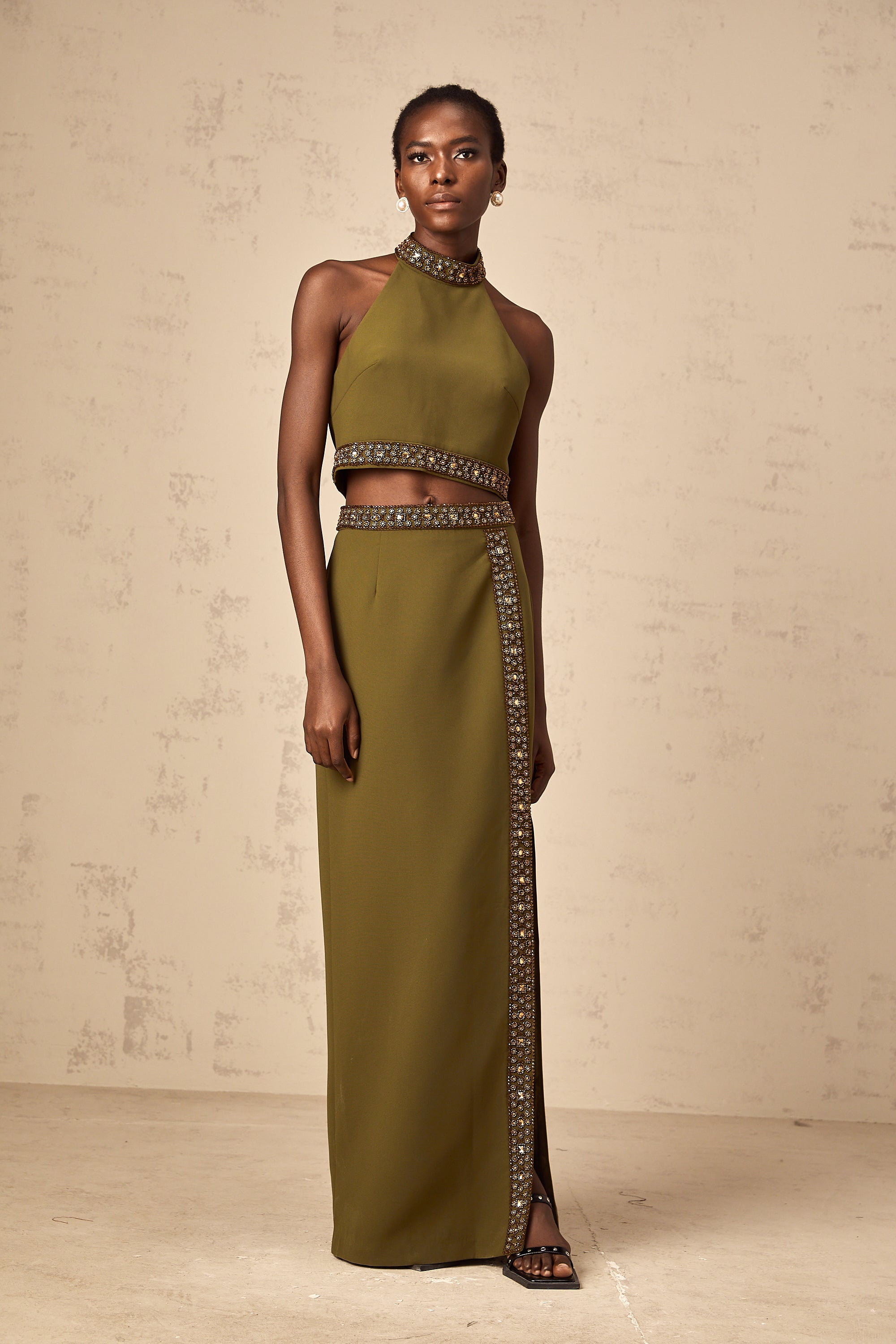 Daisy green beaded-trim top & skirt matching set (Final Sale-US Only)
