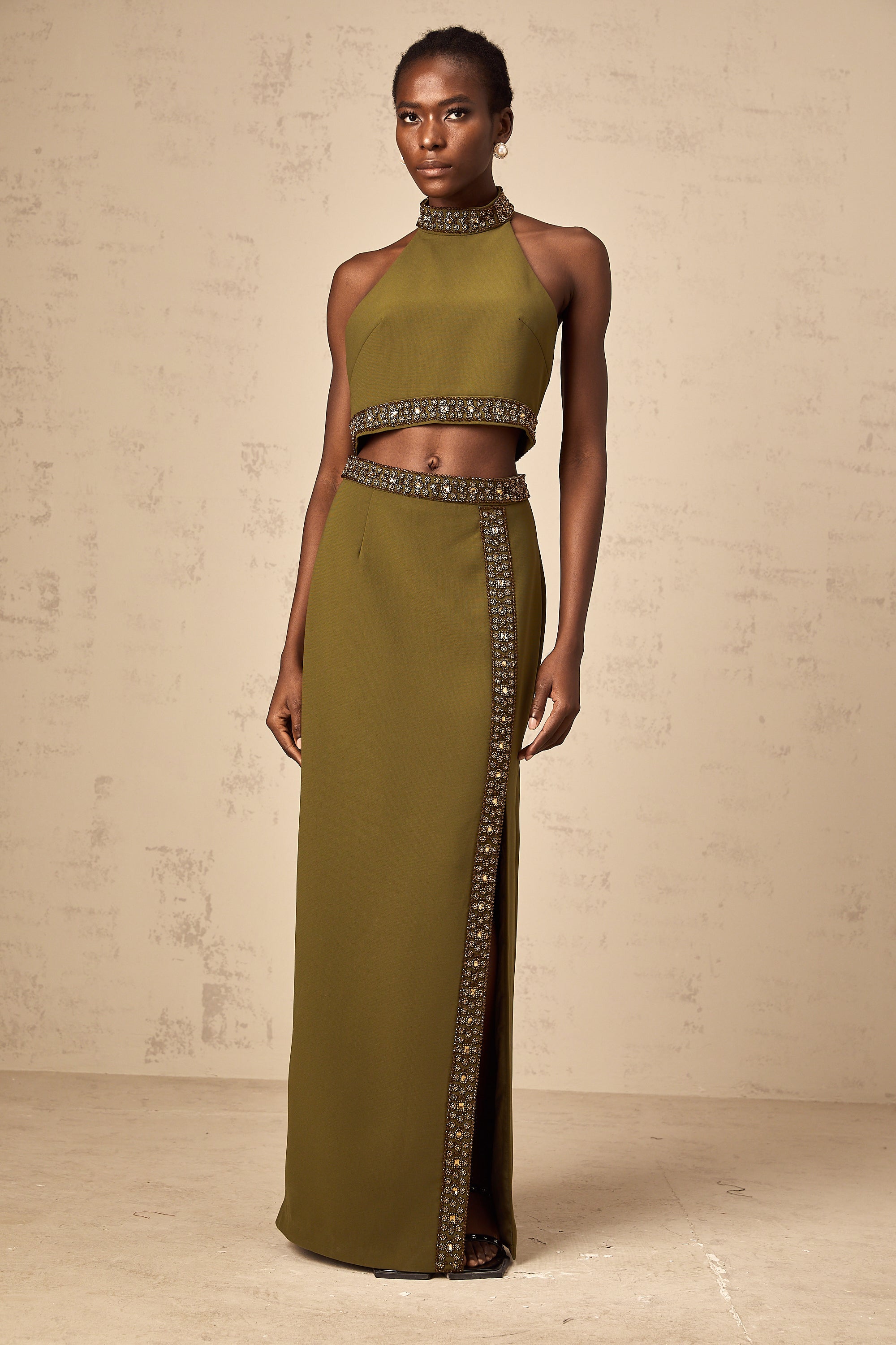 Daisy green beaded-trim top & skirt matching set (Final Sale-US Only)