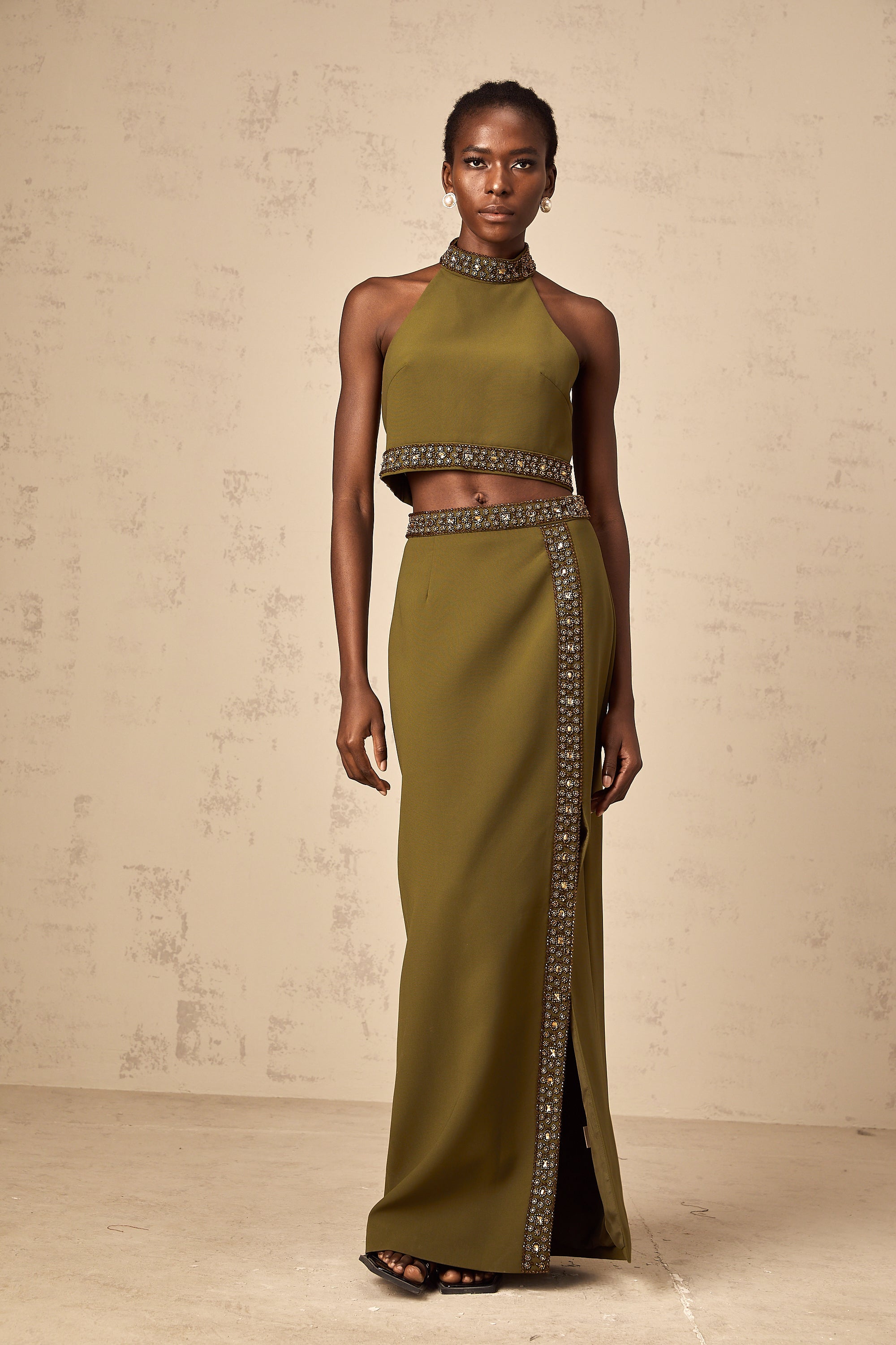 Daisy green beaded-trim top & skirt matching set (Final Sale-US Only)