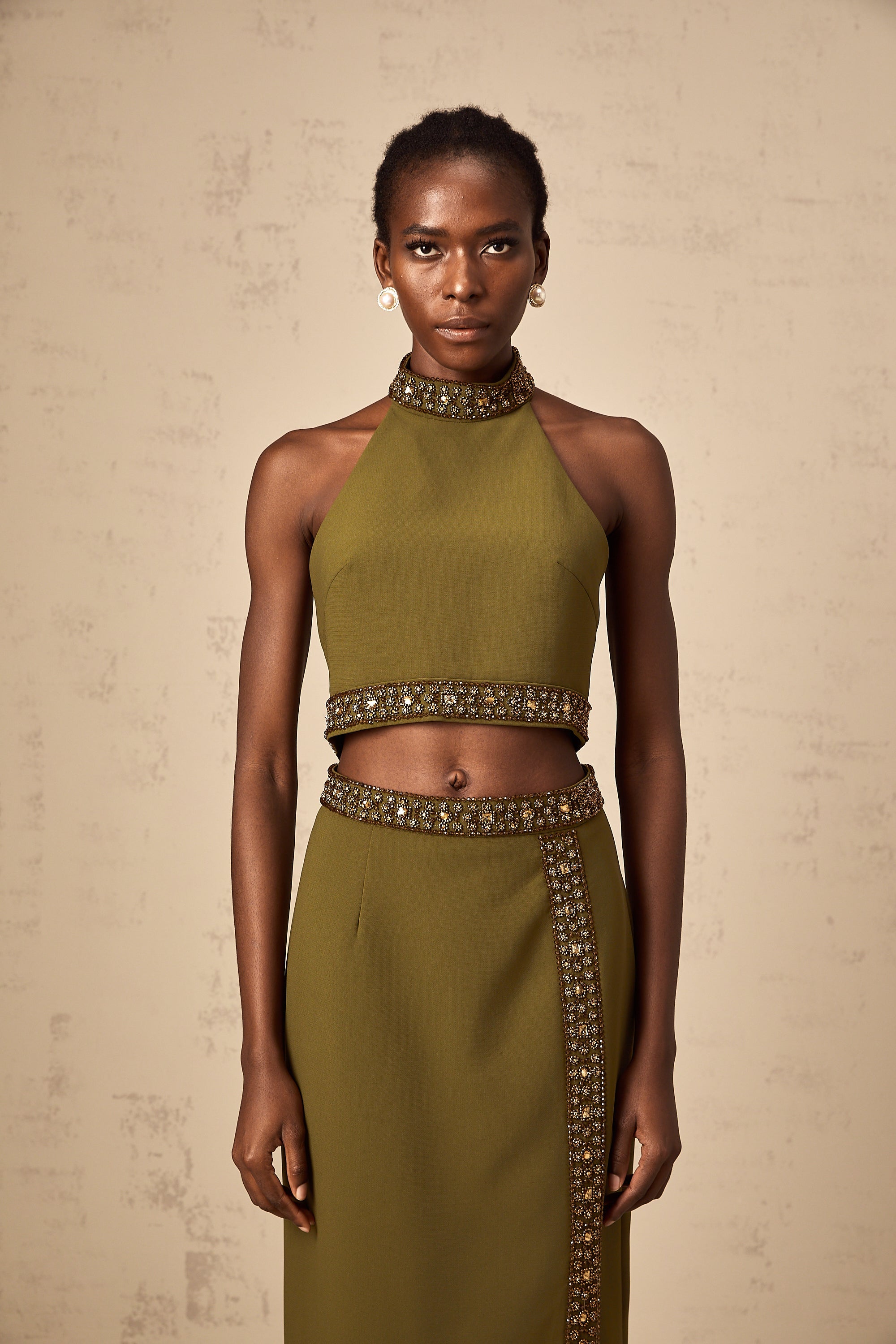 Daisy green beaded-trim top & skirt matching set (Final Sale-US Only)