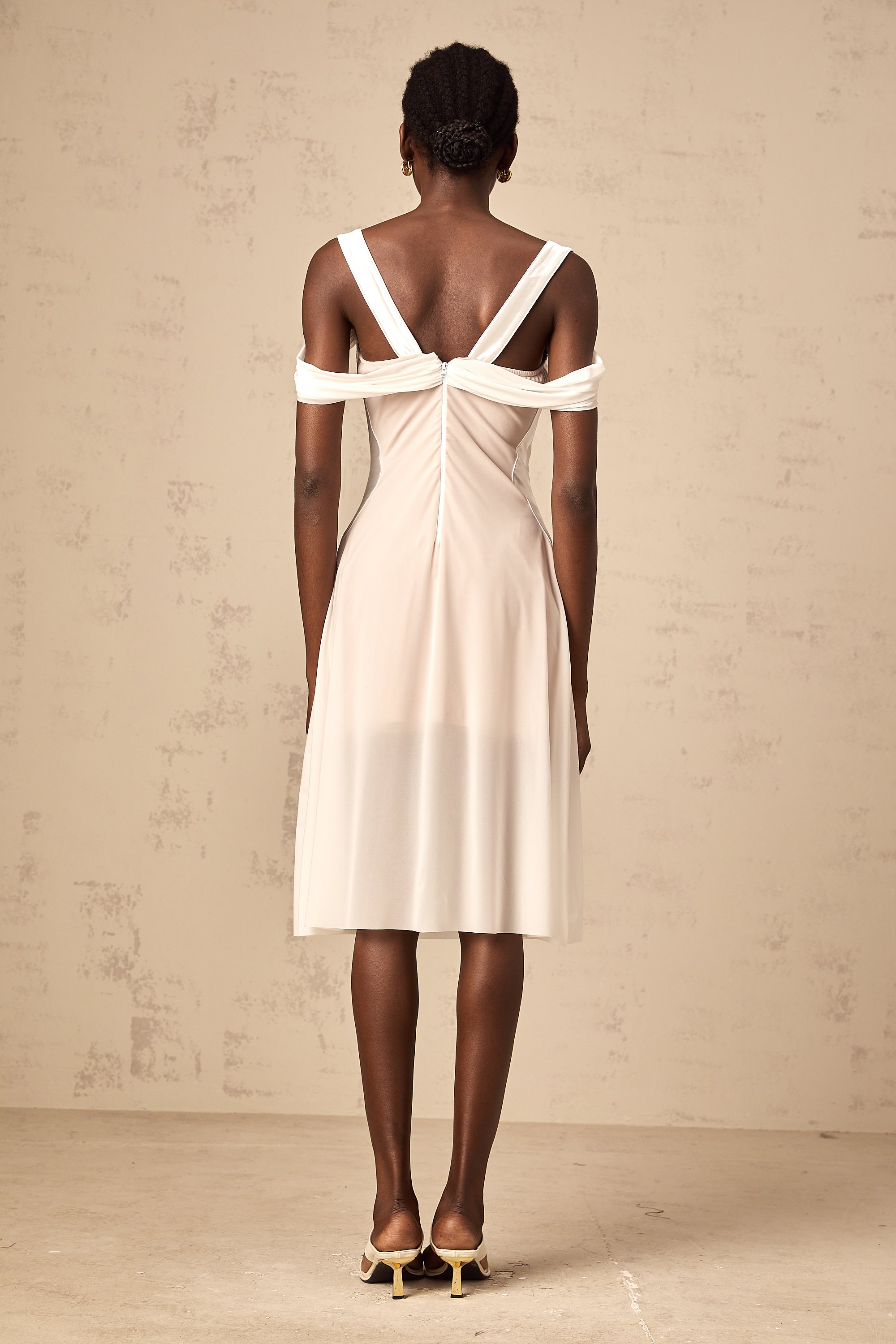 Gloria white semi-sheer ruched midi dress