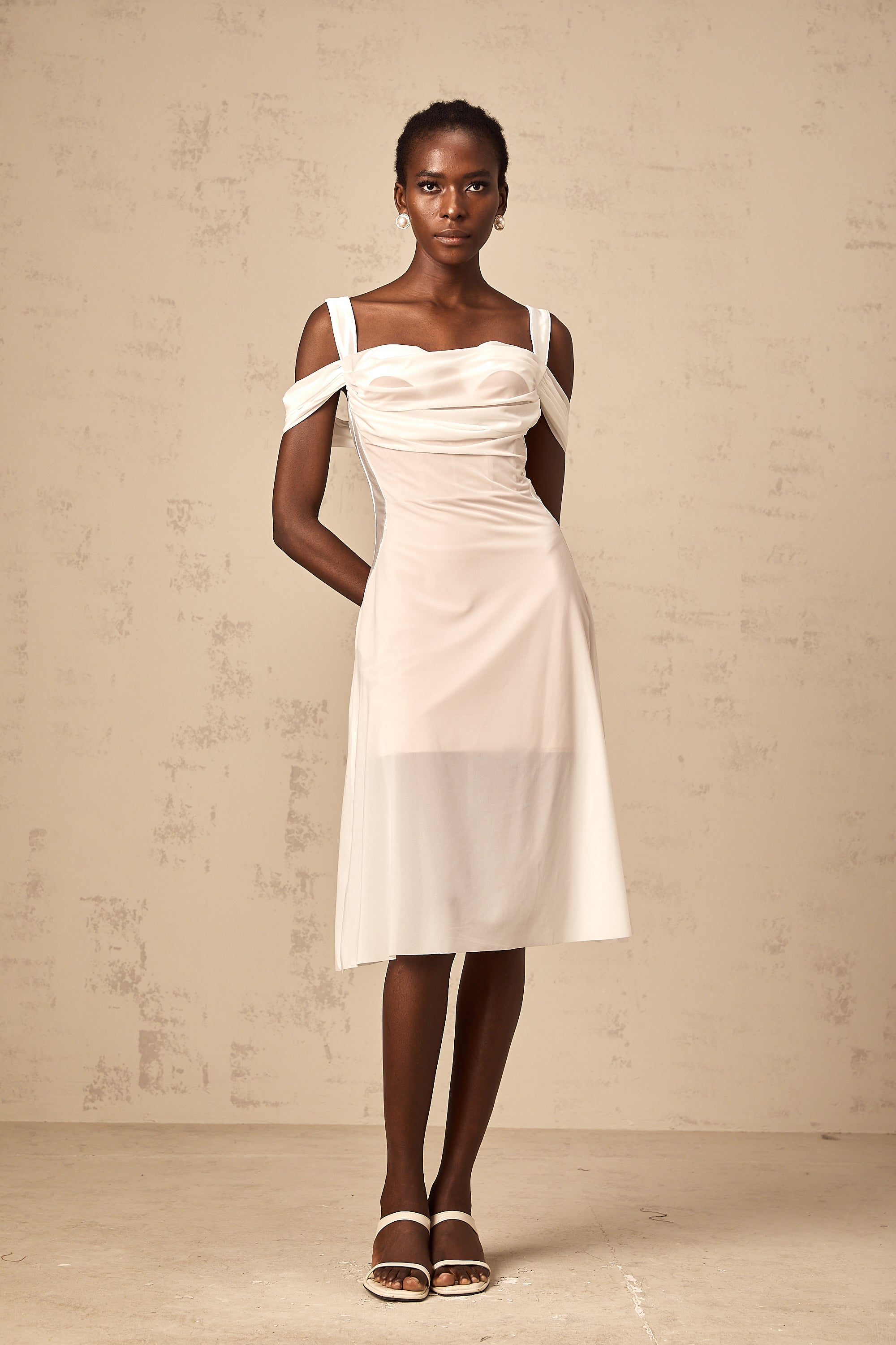 Gloria white semi-sheer ruched midi dress