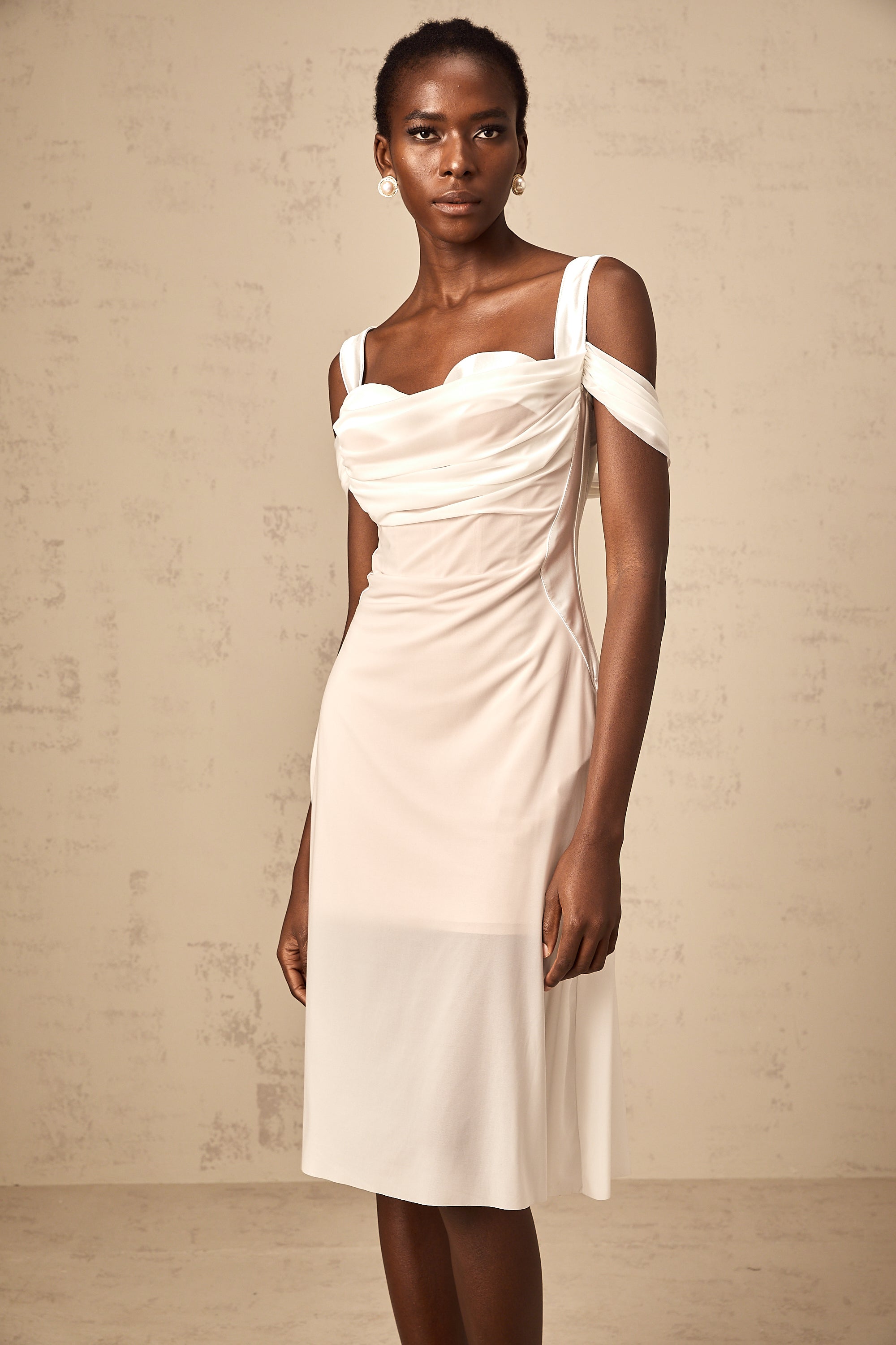Gloria white semi-sheer ruched midi dress
