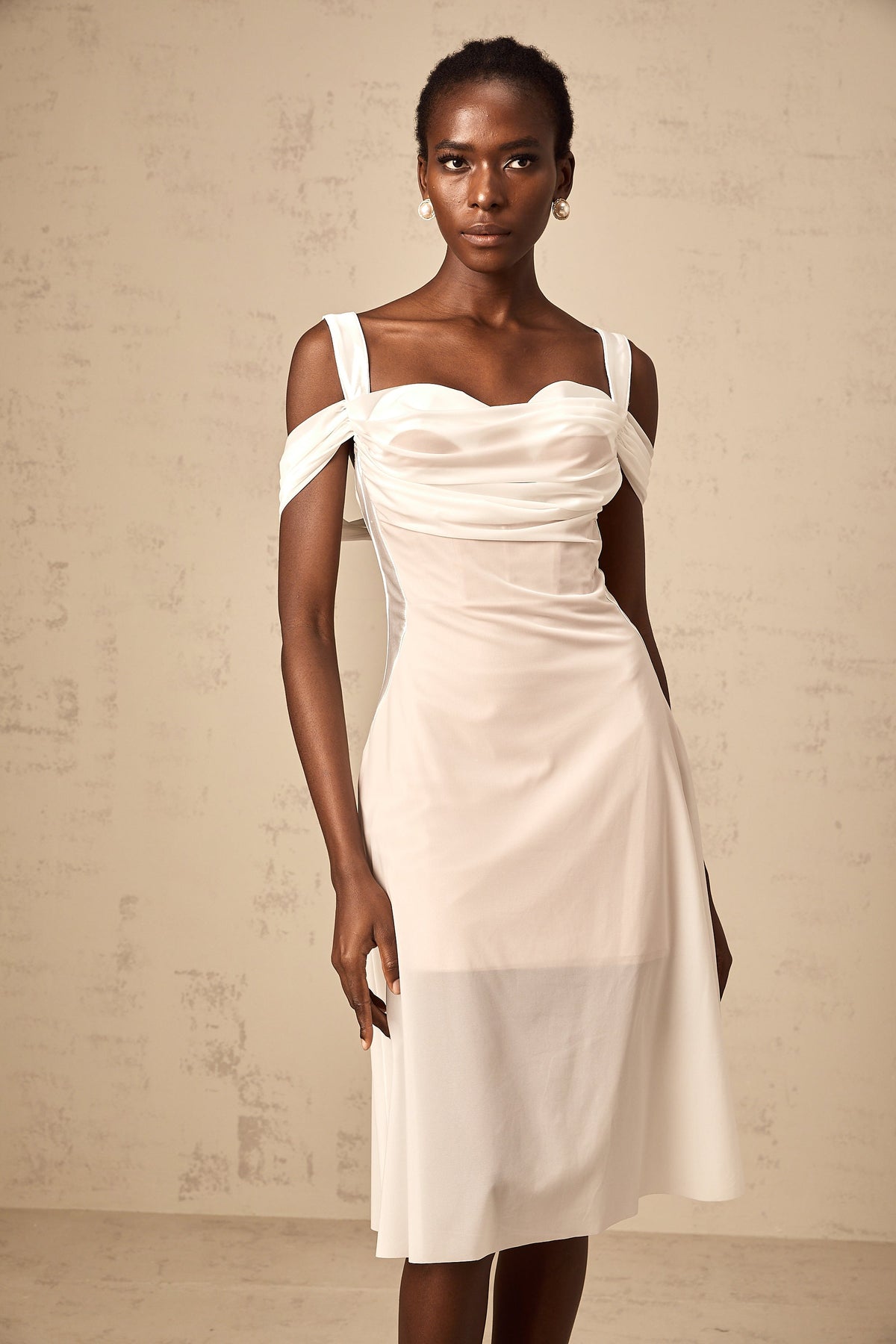 Gloria white semi-sheer ruched midi dress