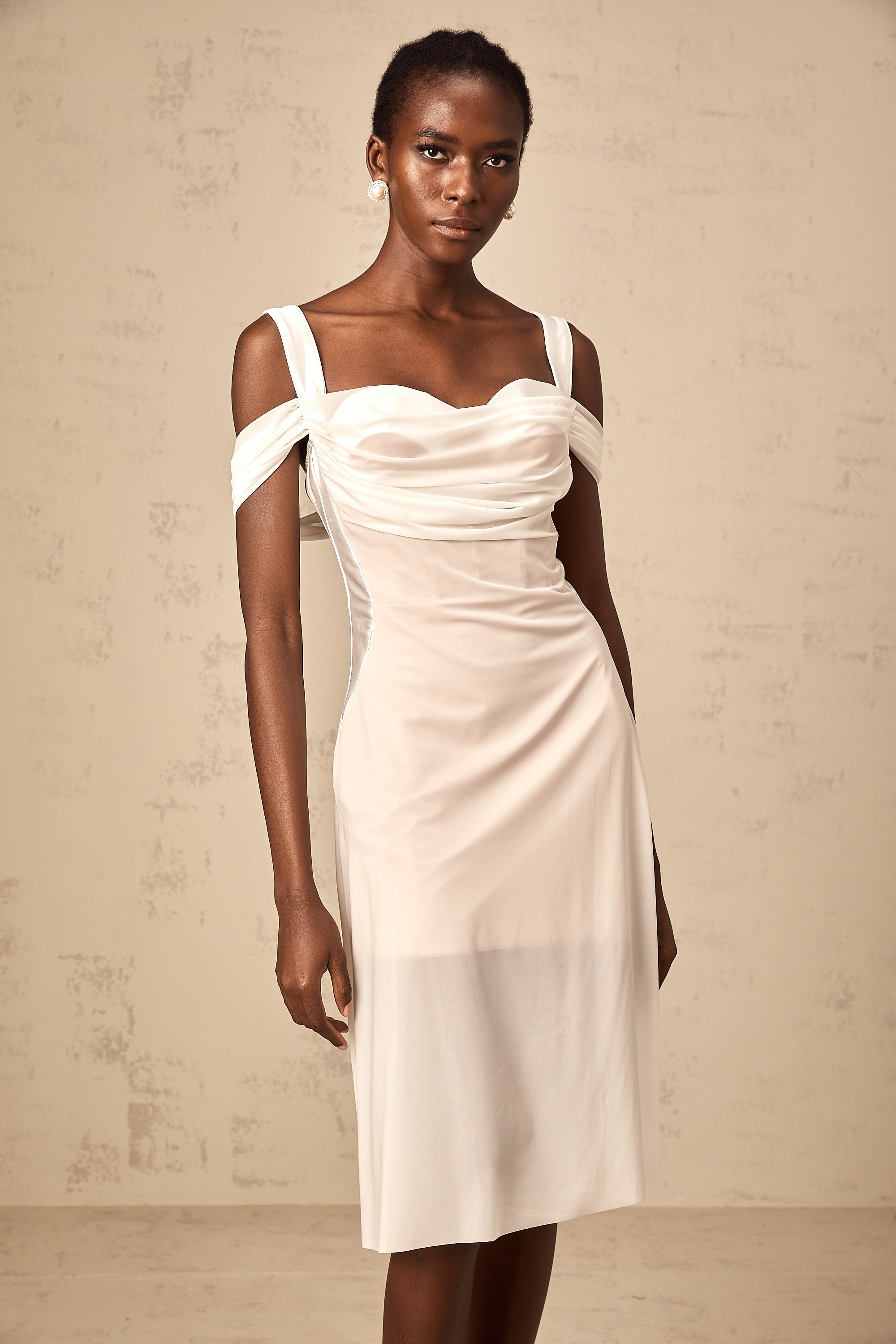 Gloria white semi-sheer ruched midi dress