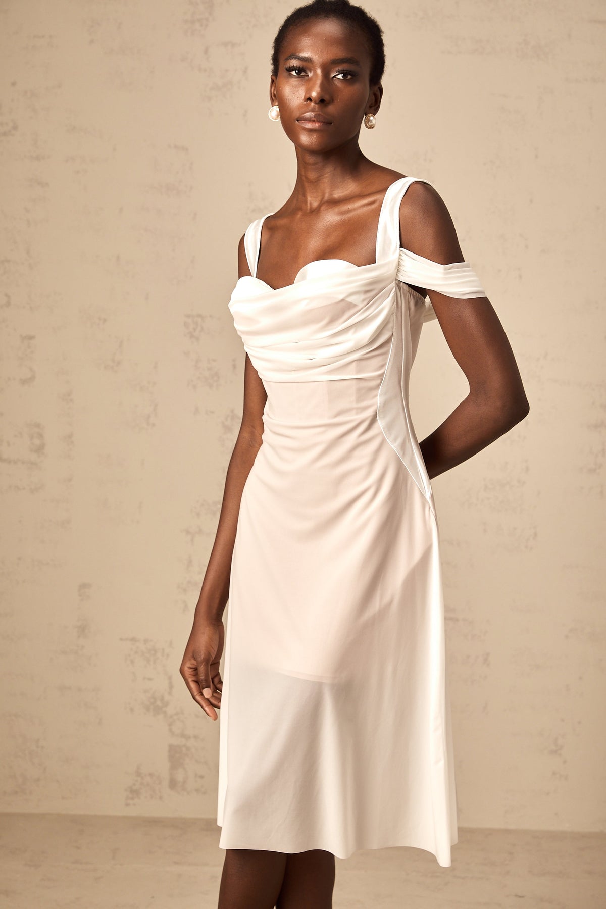 Gloria white semi-sheer ruched midi dress