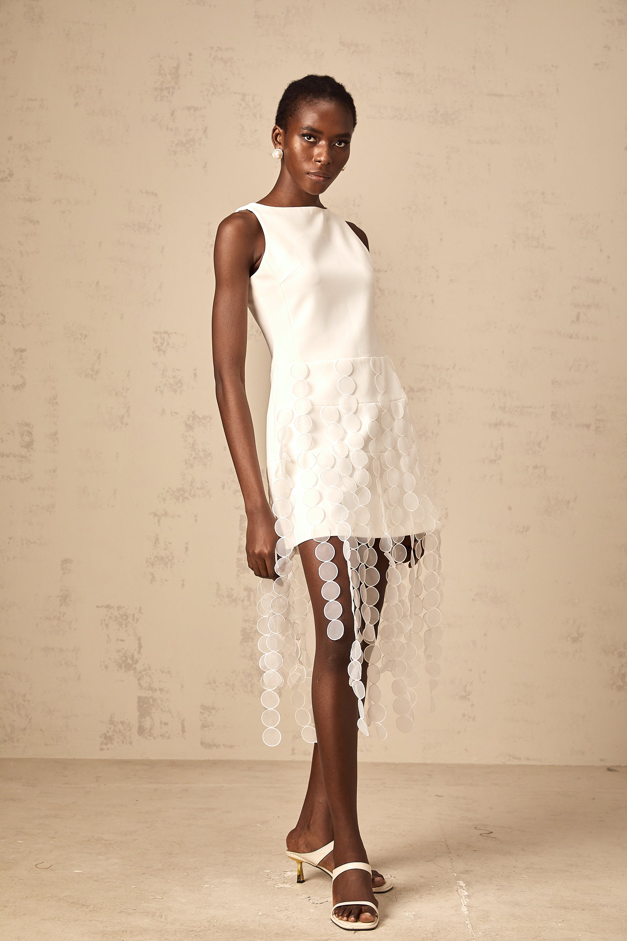 Justine white disc-design fringed midi dress