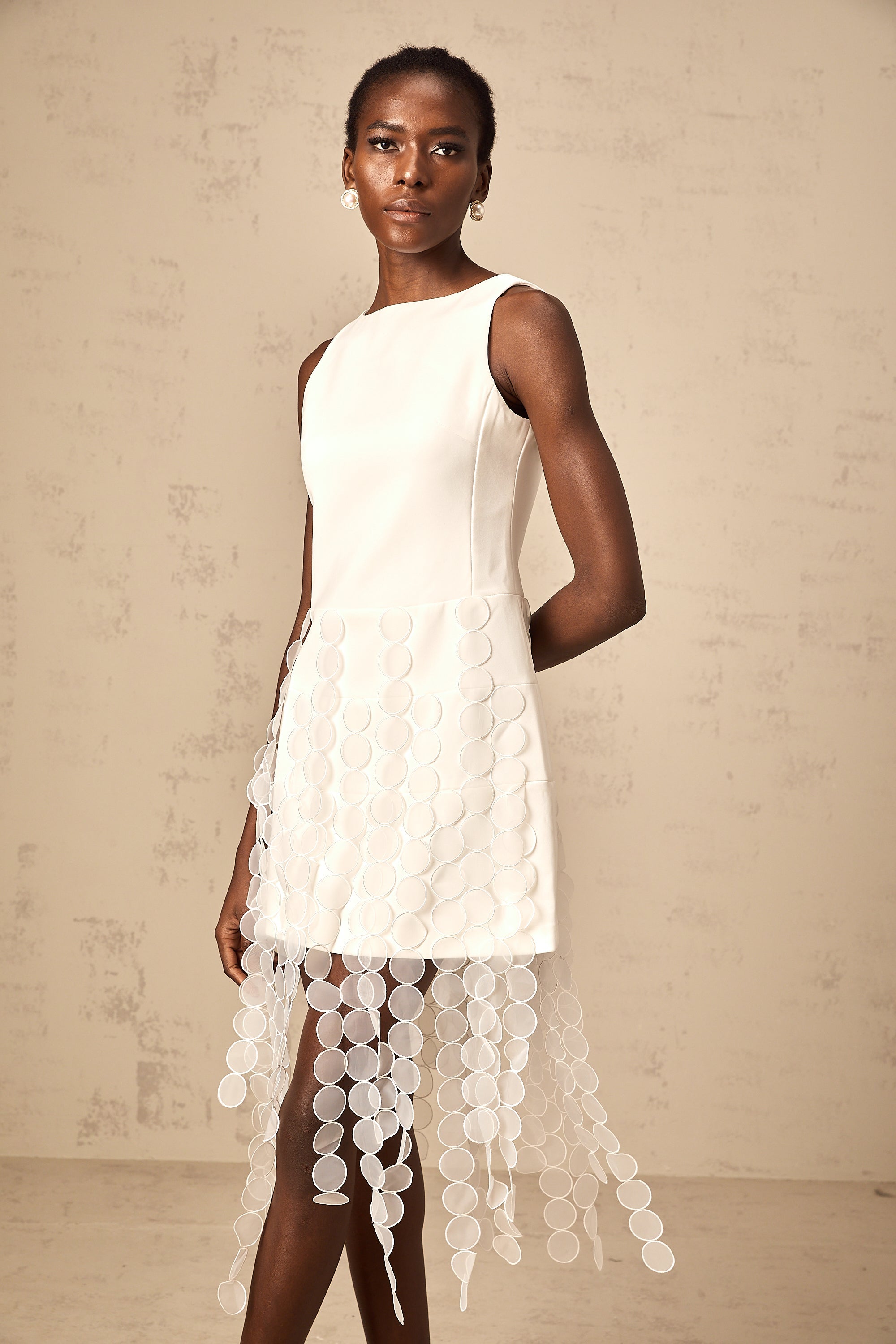 Justine white disc-design fringed midi dress