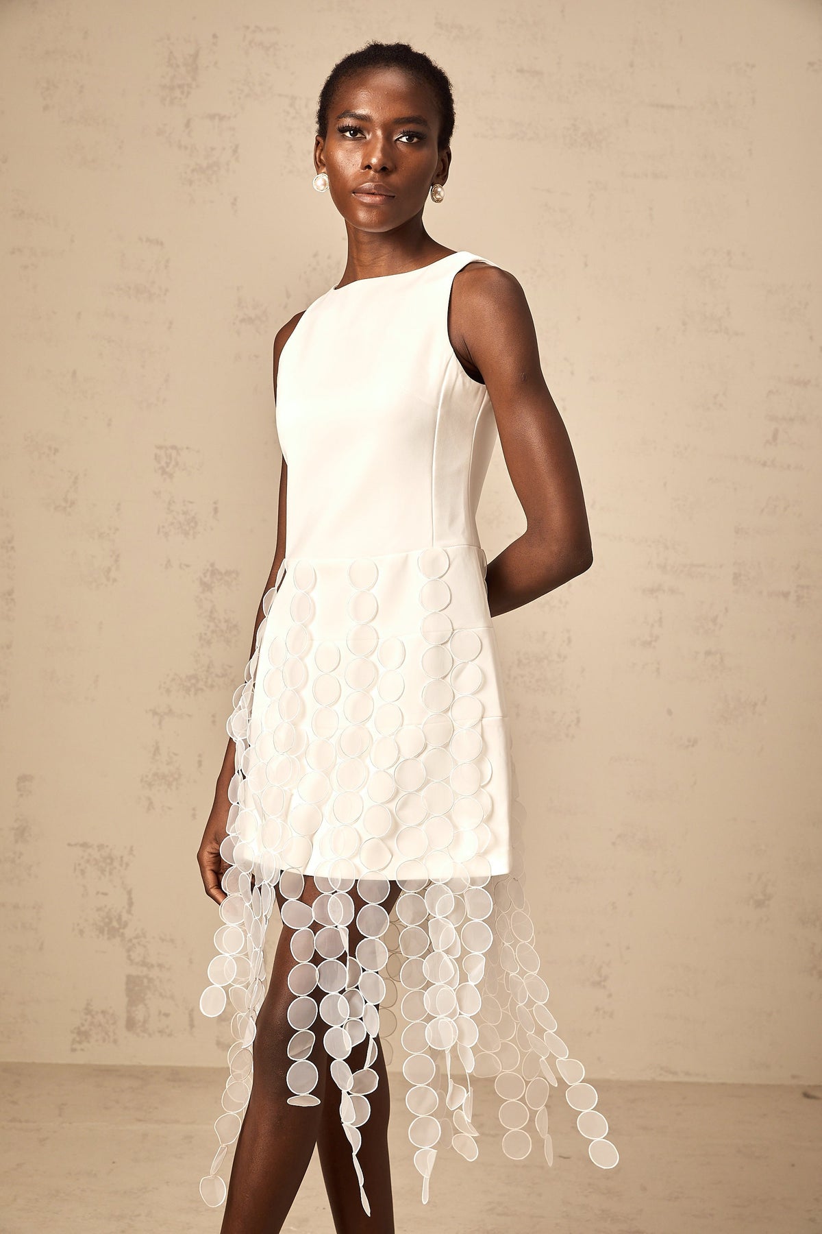 Justine white disc-design fringed midi dress