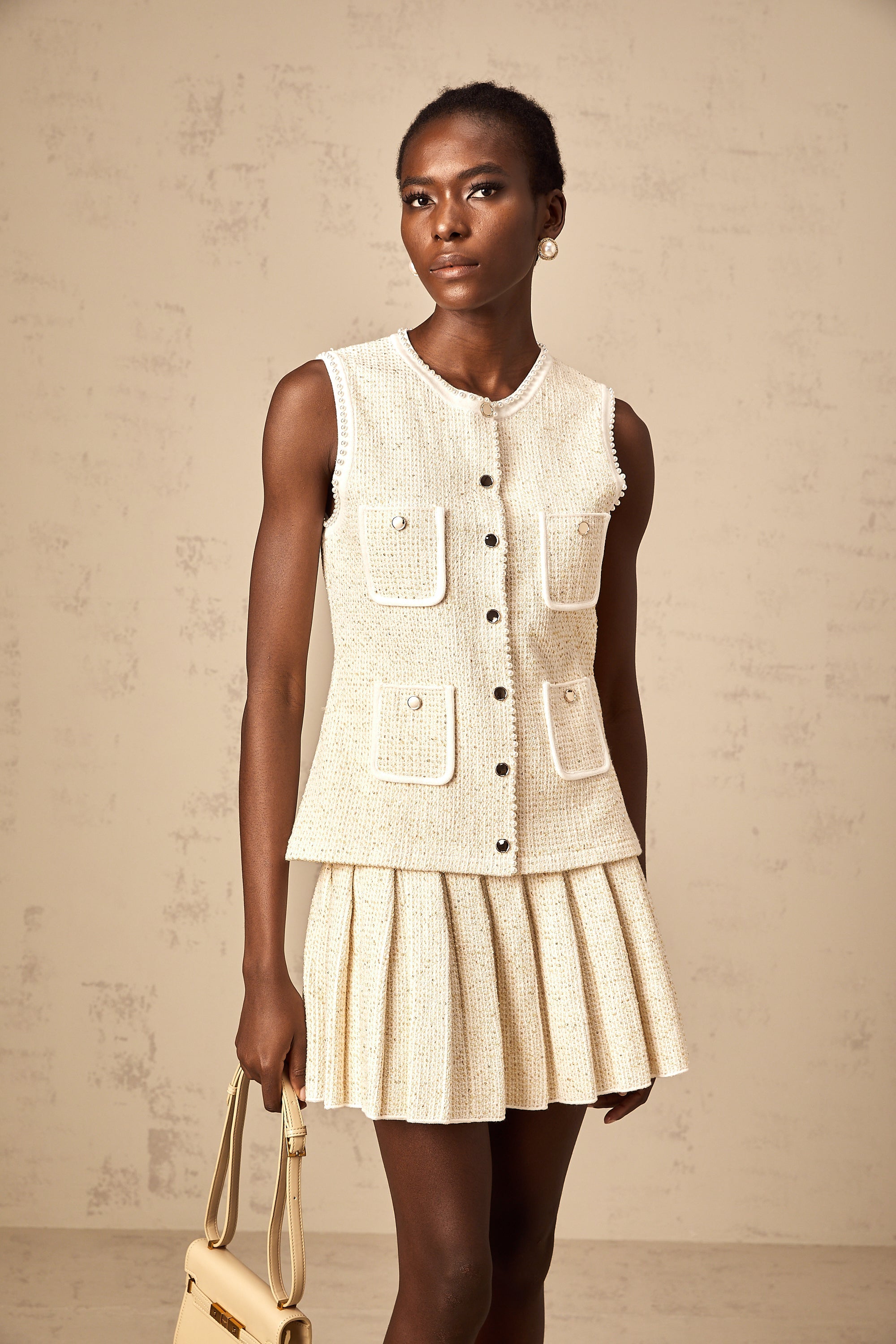 Hélène beige sequined knit vest top & skirt matching set