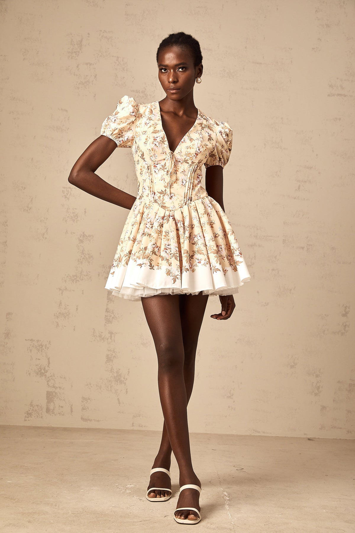Alizée yellow floral-print pleated mini dress (Final Sale)
