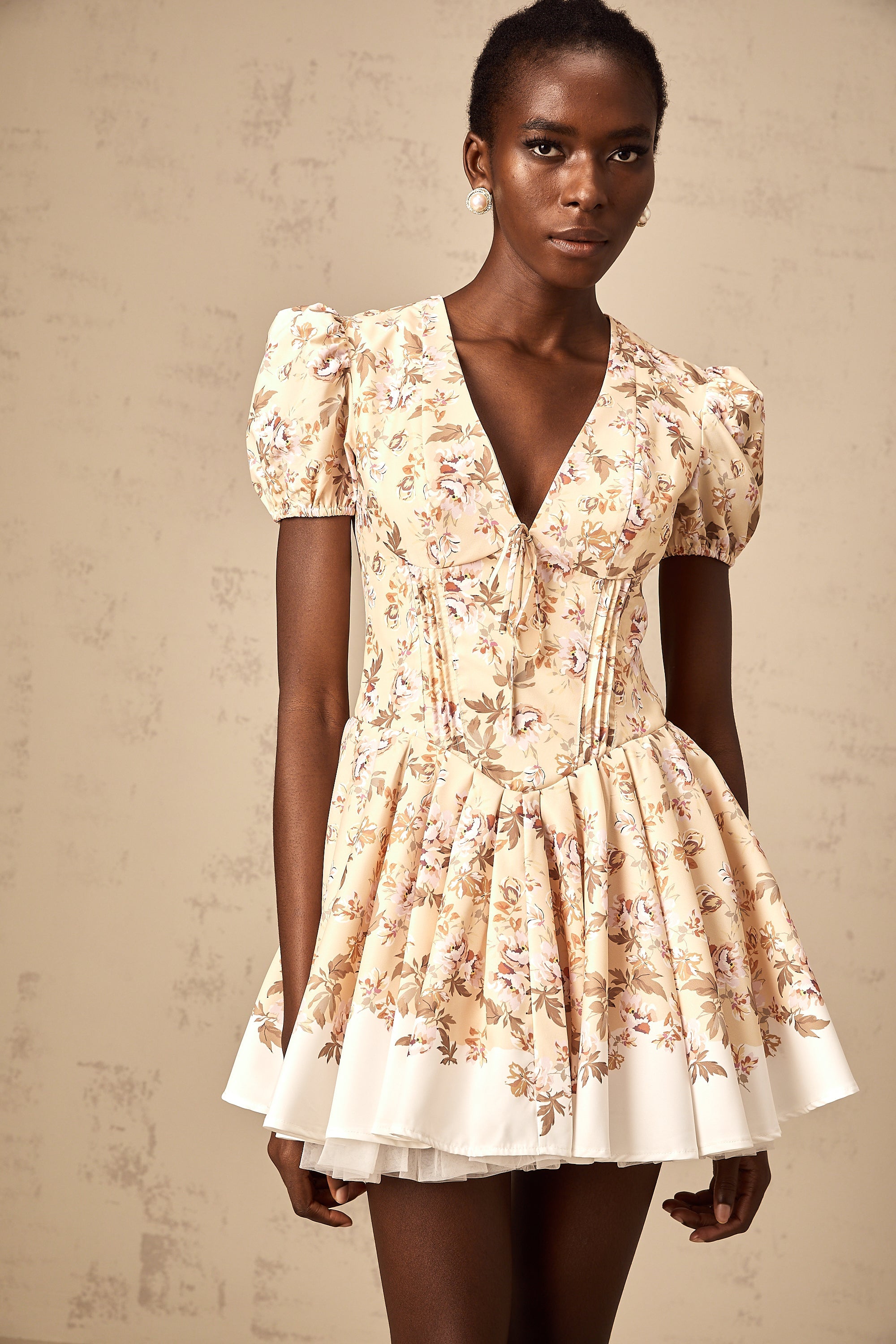 Alizée yellow floral-print pleated mini dress