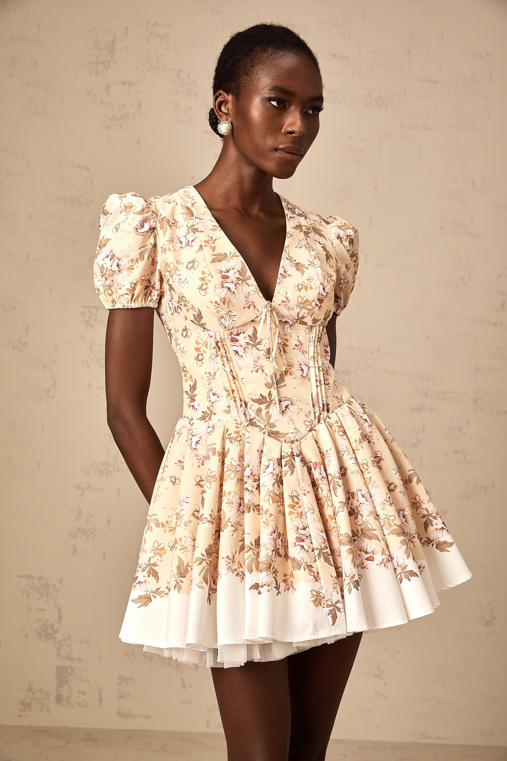 Alizée yellow floral-print pleated mini dress