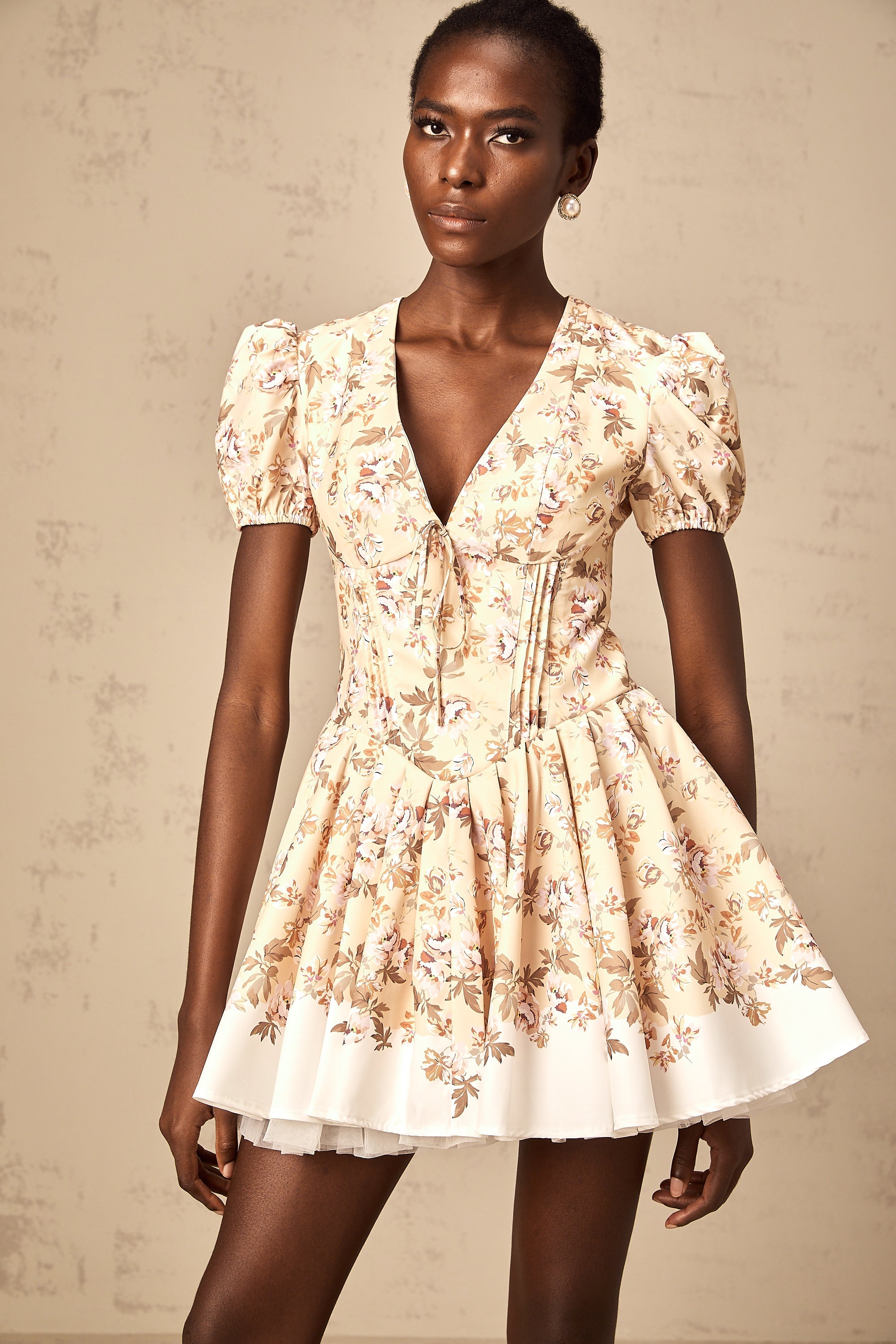 Alizée yellow floral-print pleated mini dress