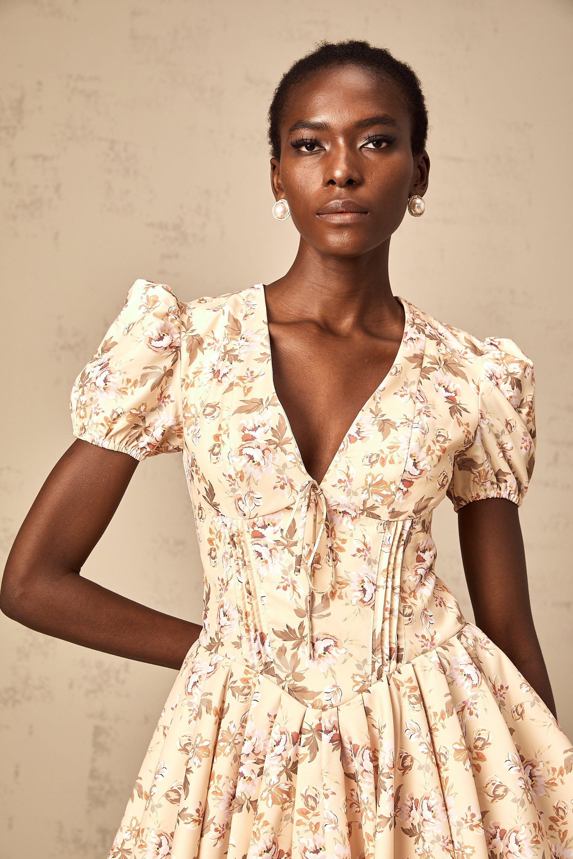 Alizée yellow floral-print pleated mini dress