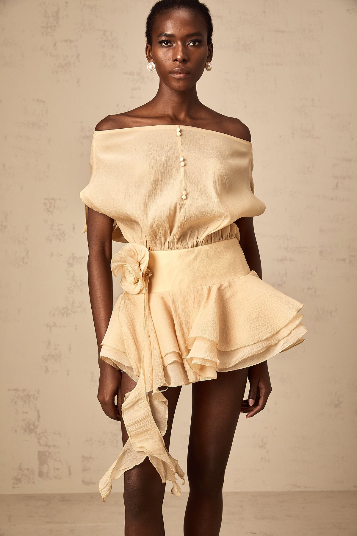 Amélie floral-appliqué flounced mini dress in Neutrals (Final Sale-US Only)