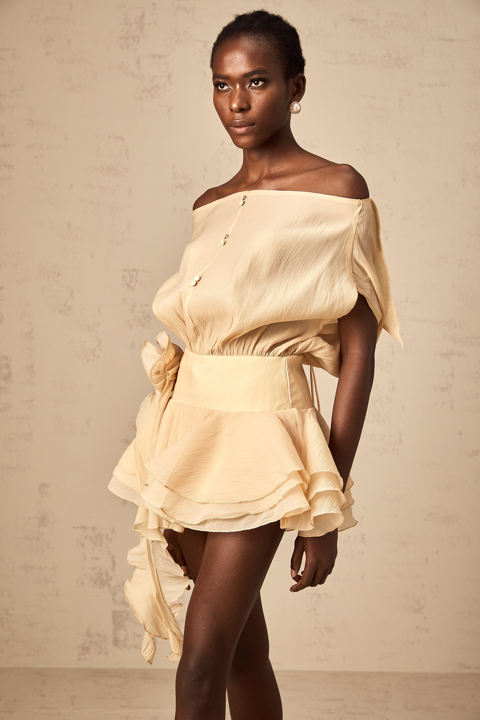 Amélie floral-appliqué flounced mini dress in Neutrals (Final Sale-US Only)