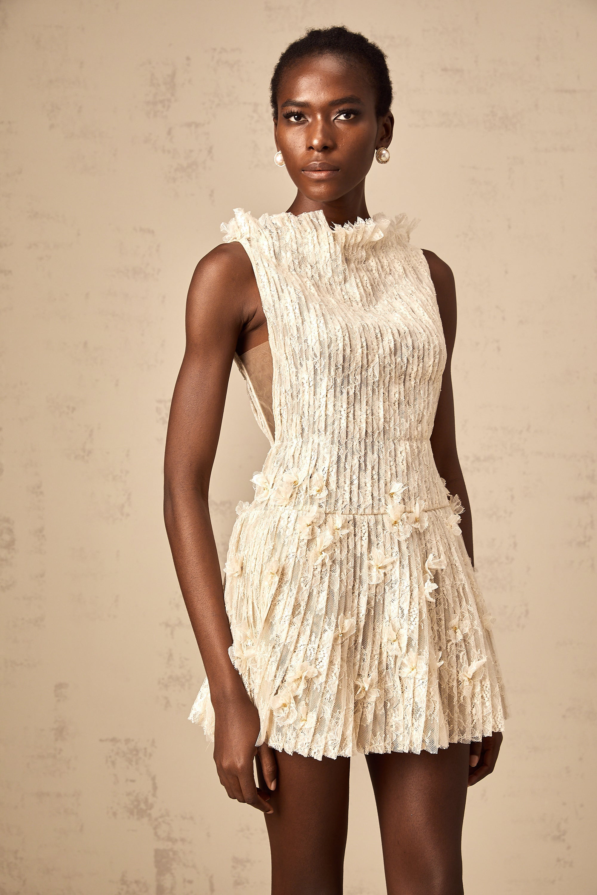 Josseline semi-sheer creased lace mini dress