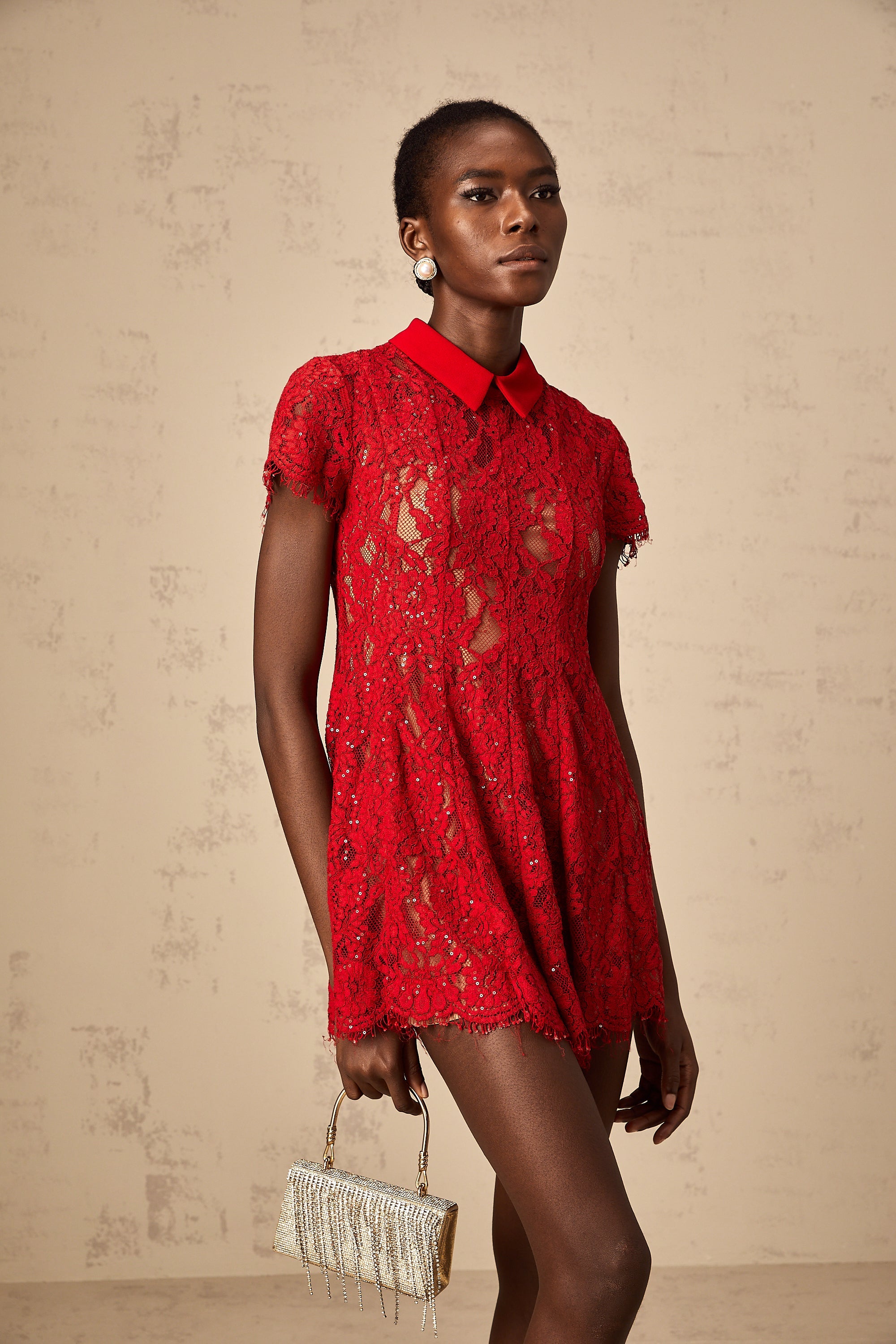 Hanne red sequined lace mini dress