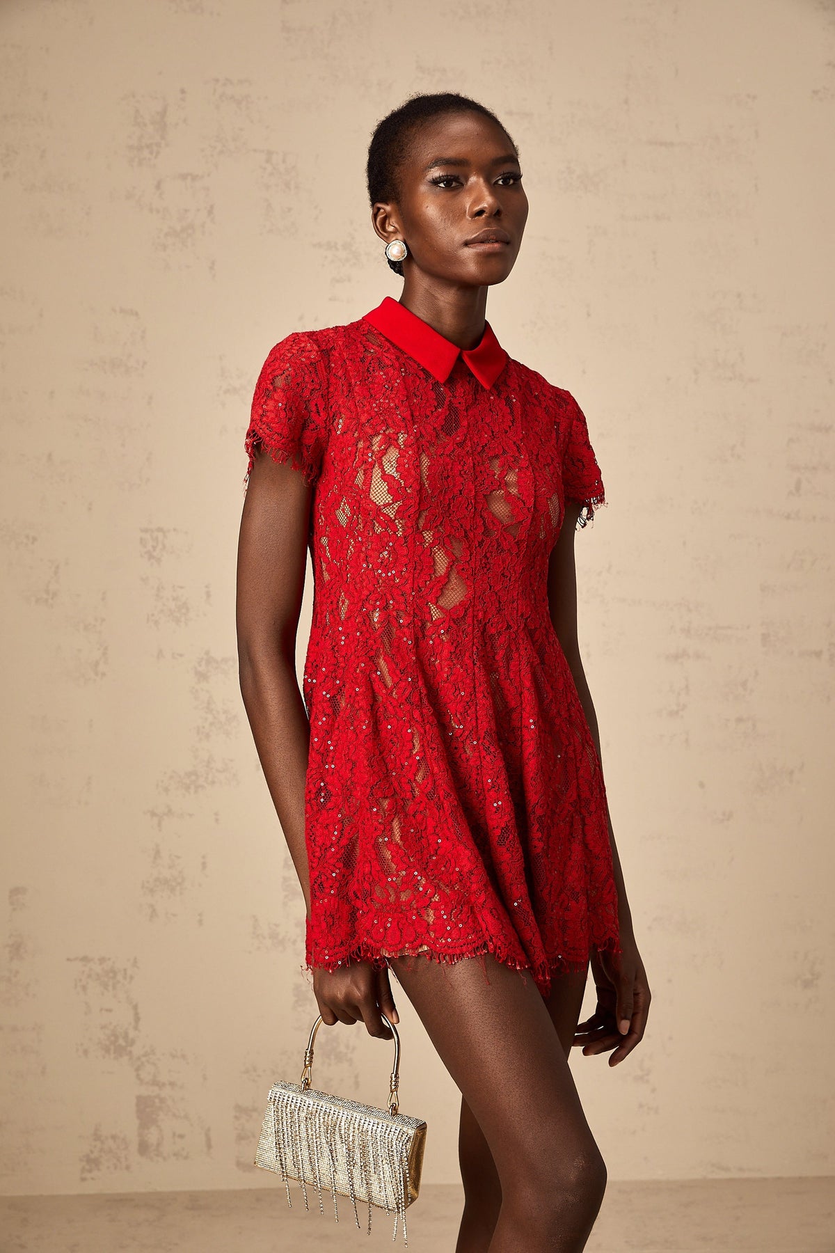 Hanne red sequined lace mini dress