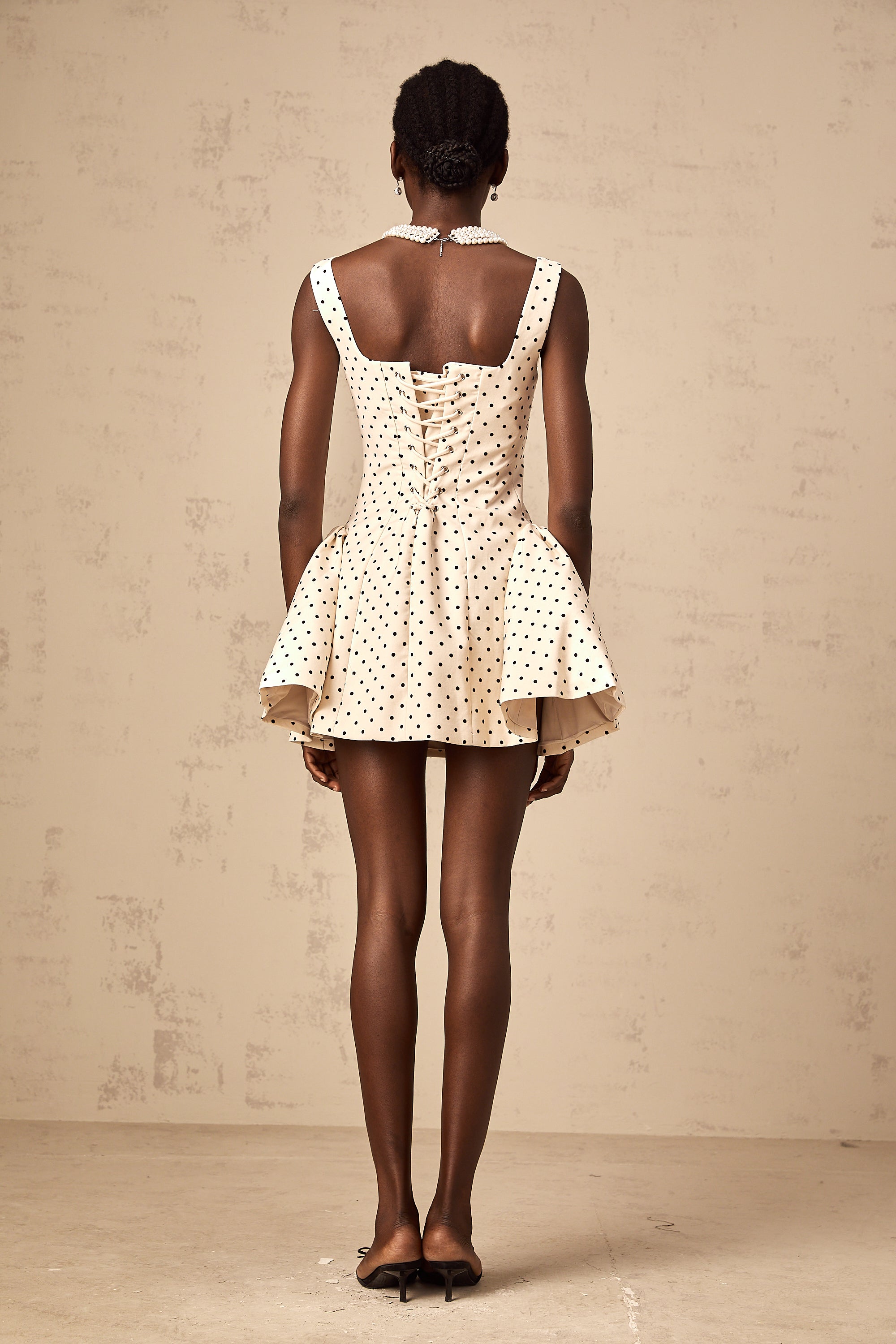 Geneviève neutrals polka-dot puff mini dress