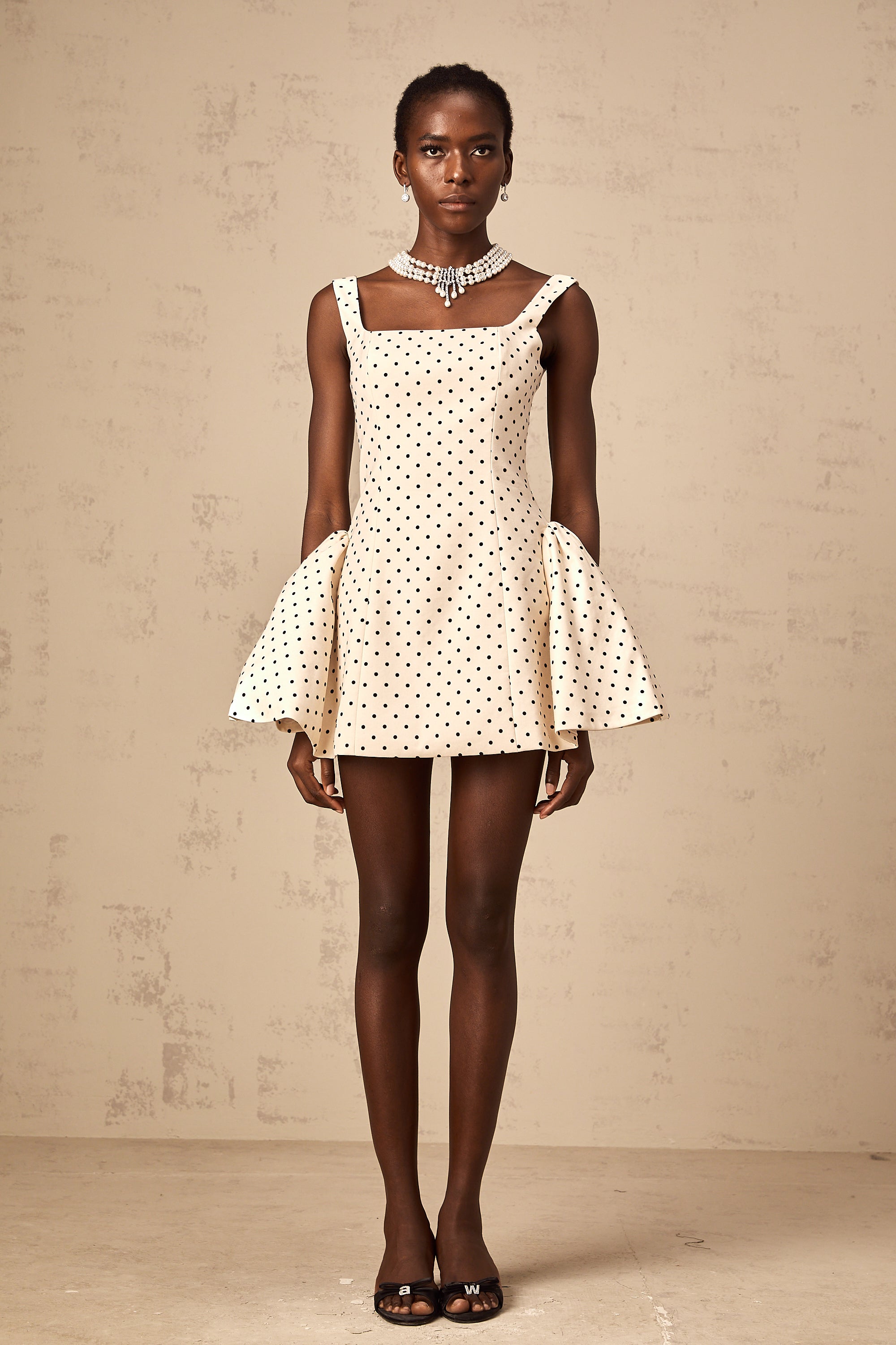 Geneviève neutrals polka-dot puff mini dress