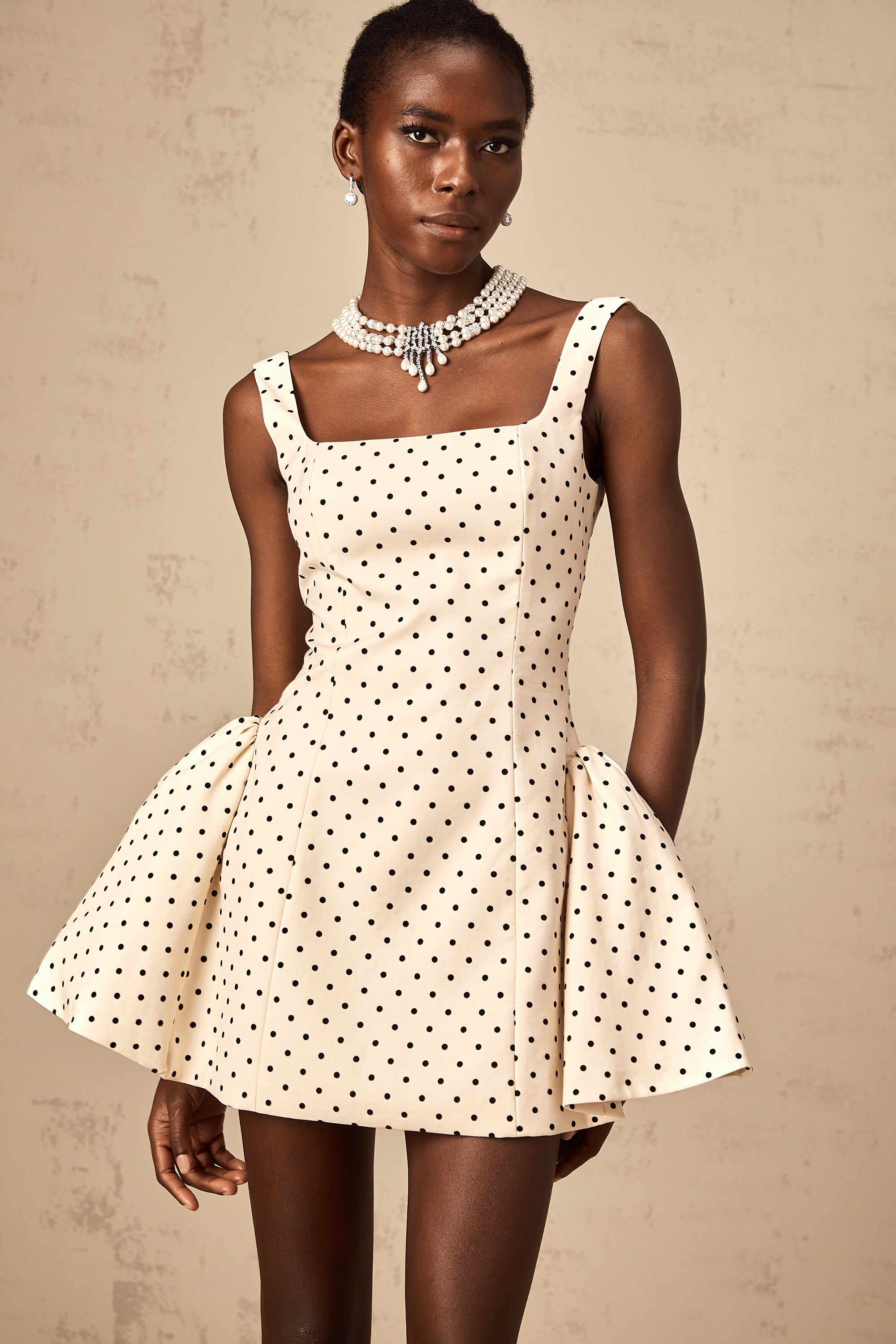 Geneviève neutrals polka-dot puff mini dress