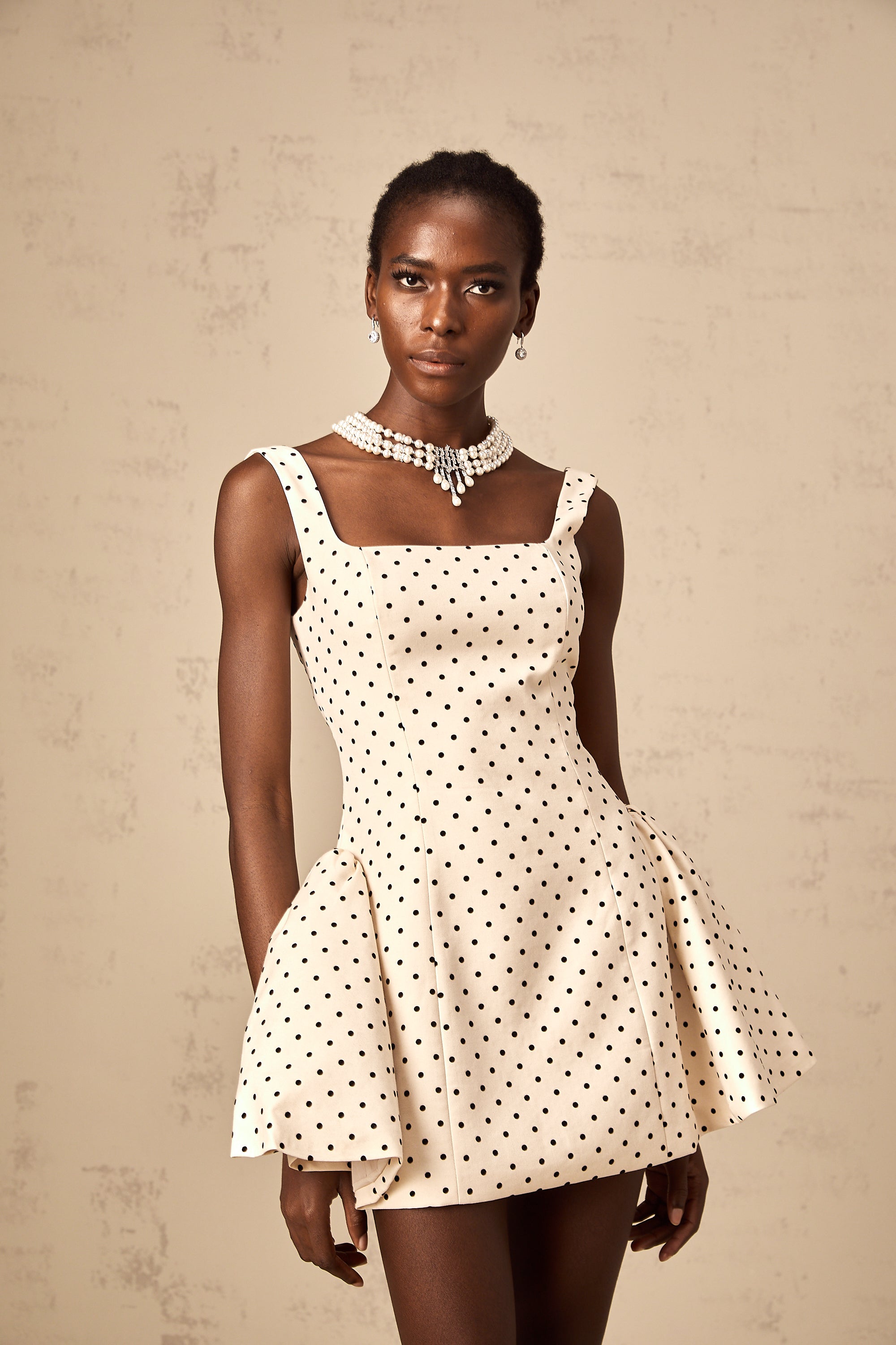 Geneviève neutrals polka-dot puff mini dress