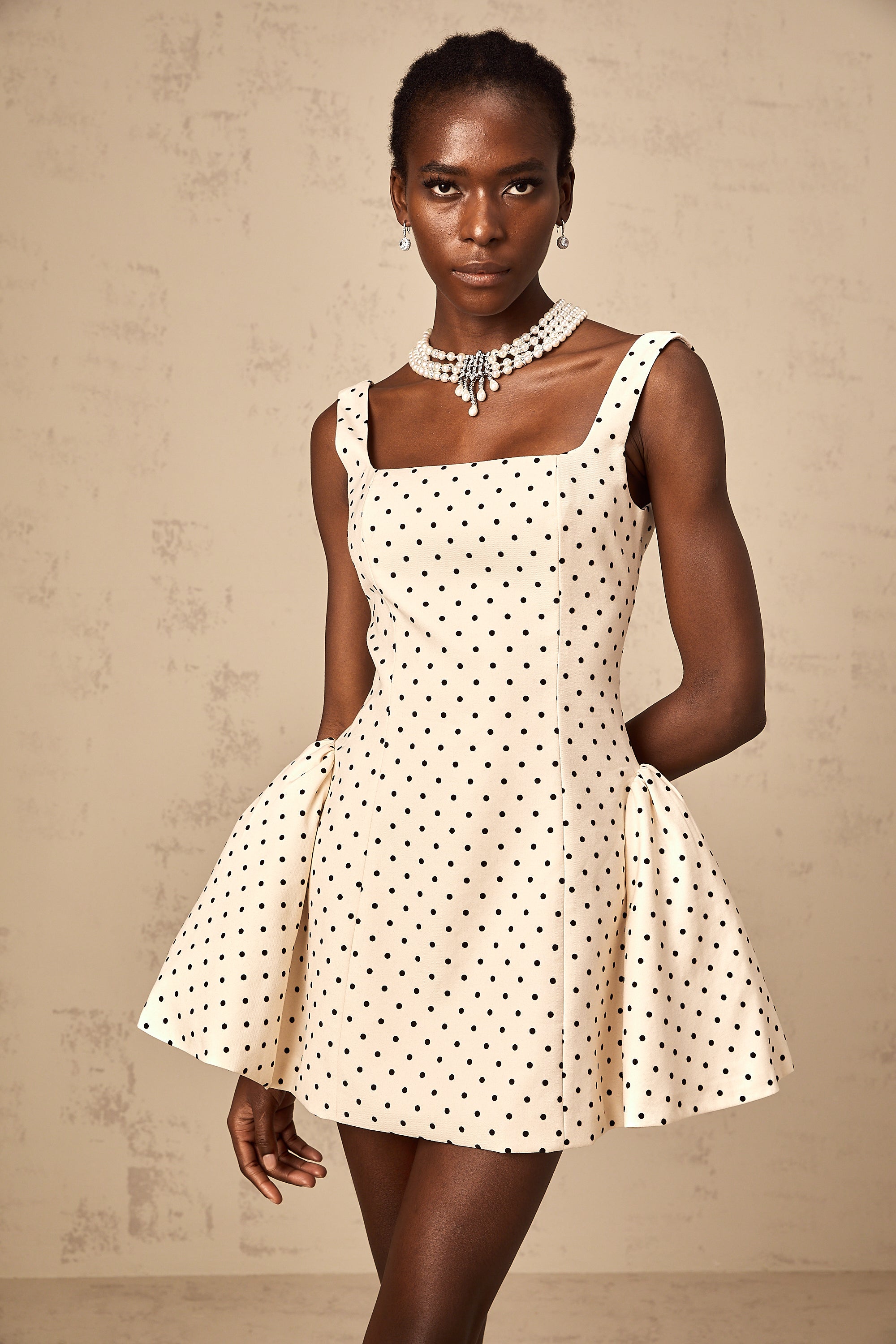 Geneviève neutrals polka-dot puff mini dress