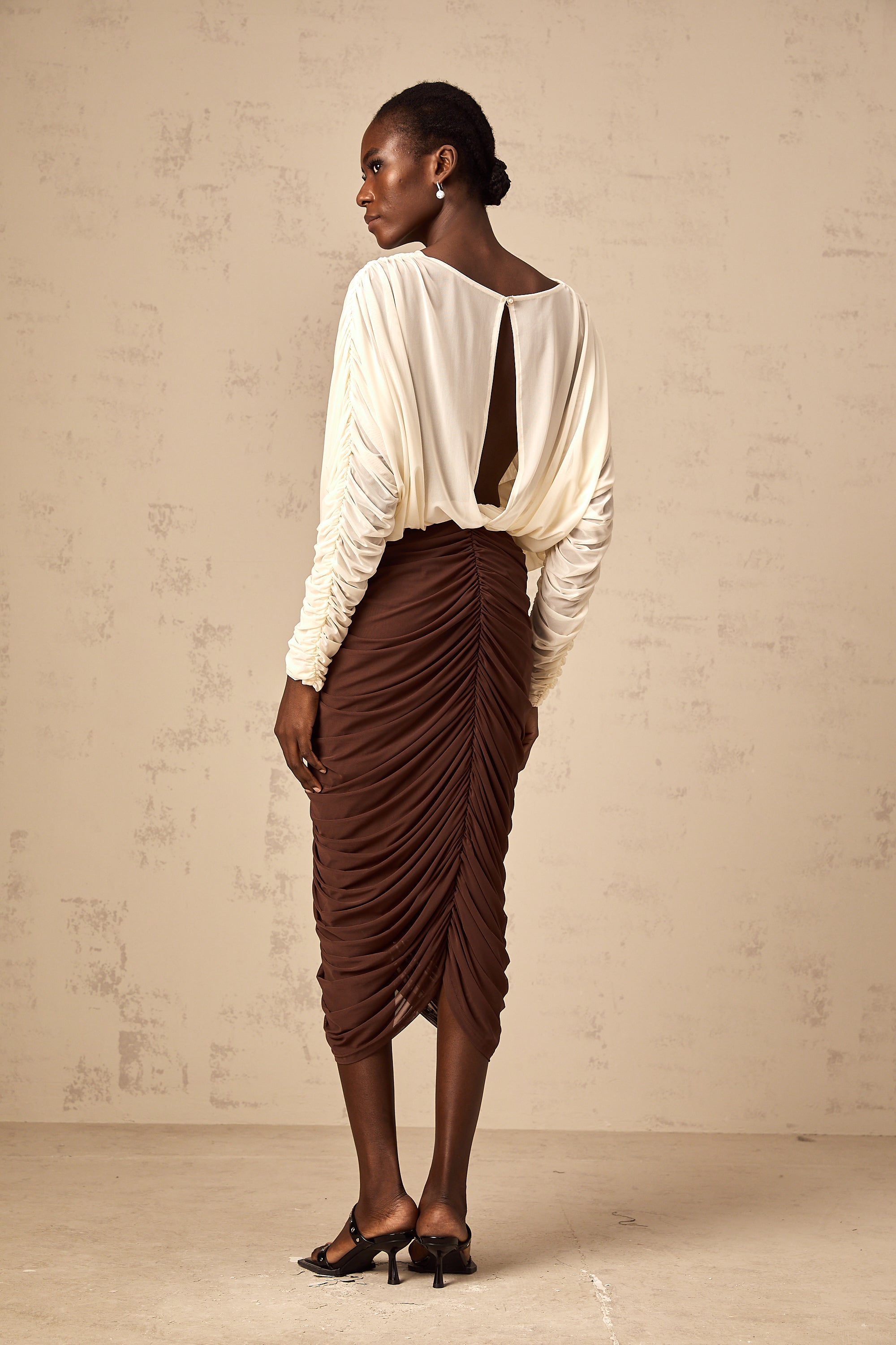 Léontine color-blocked flower-brooch ruched midi dress (Final Sale)