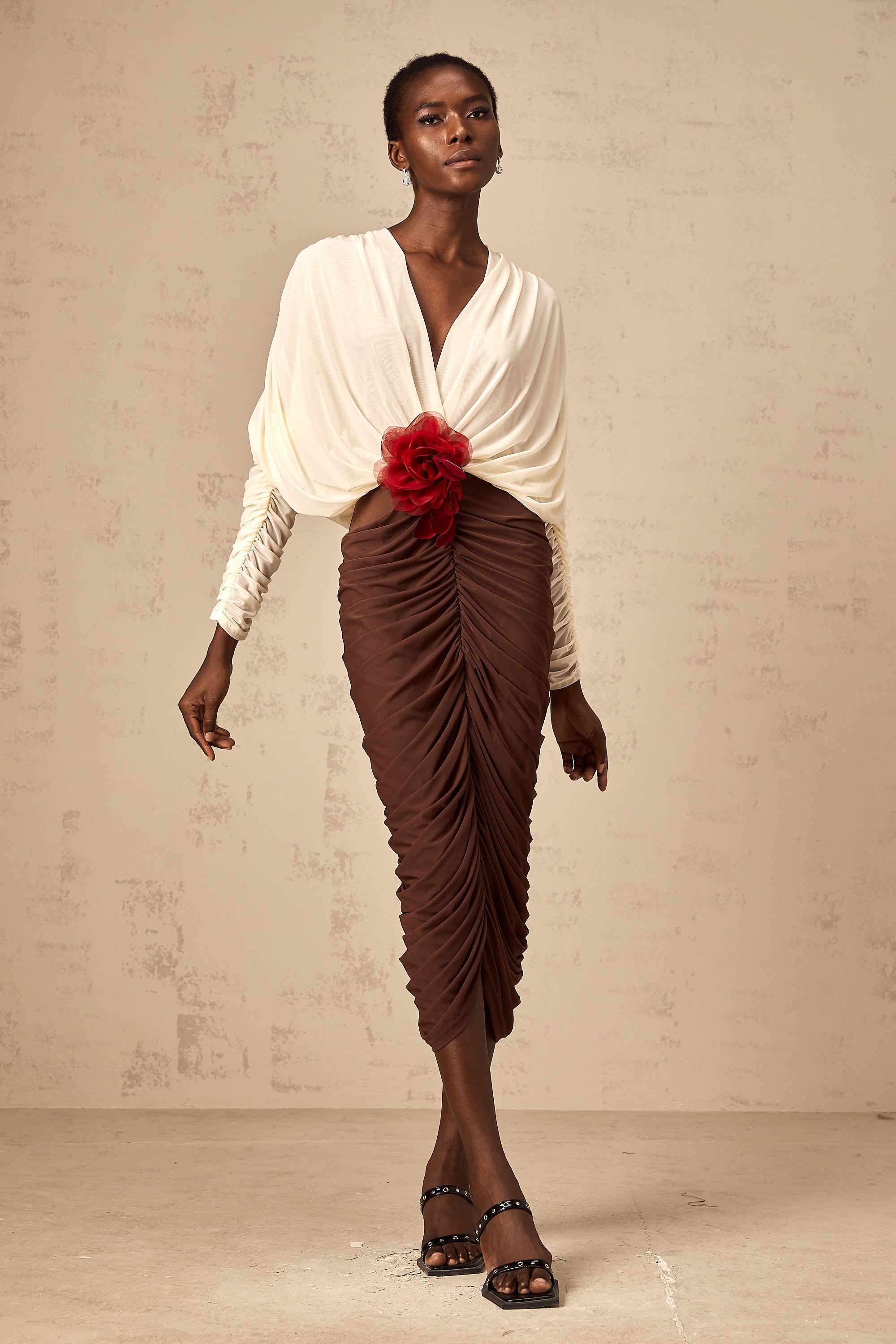 Léontine color-blocked flower-brooch ruched midi dress (Final Sale)