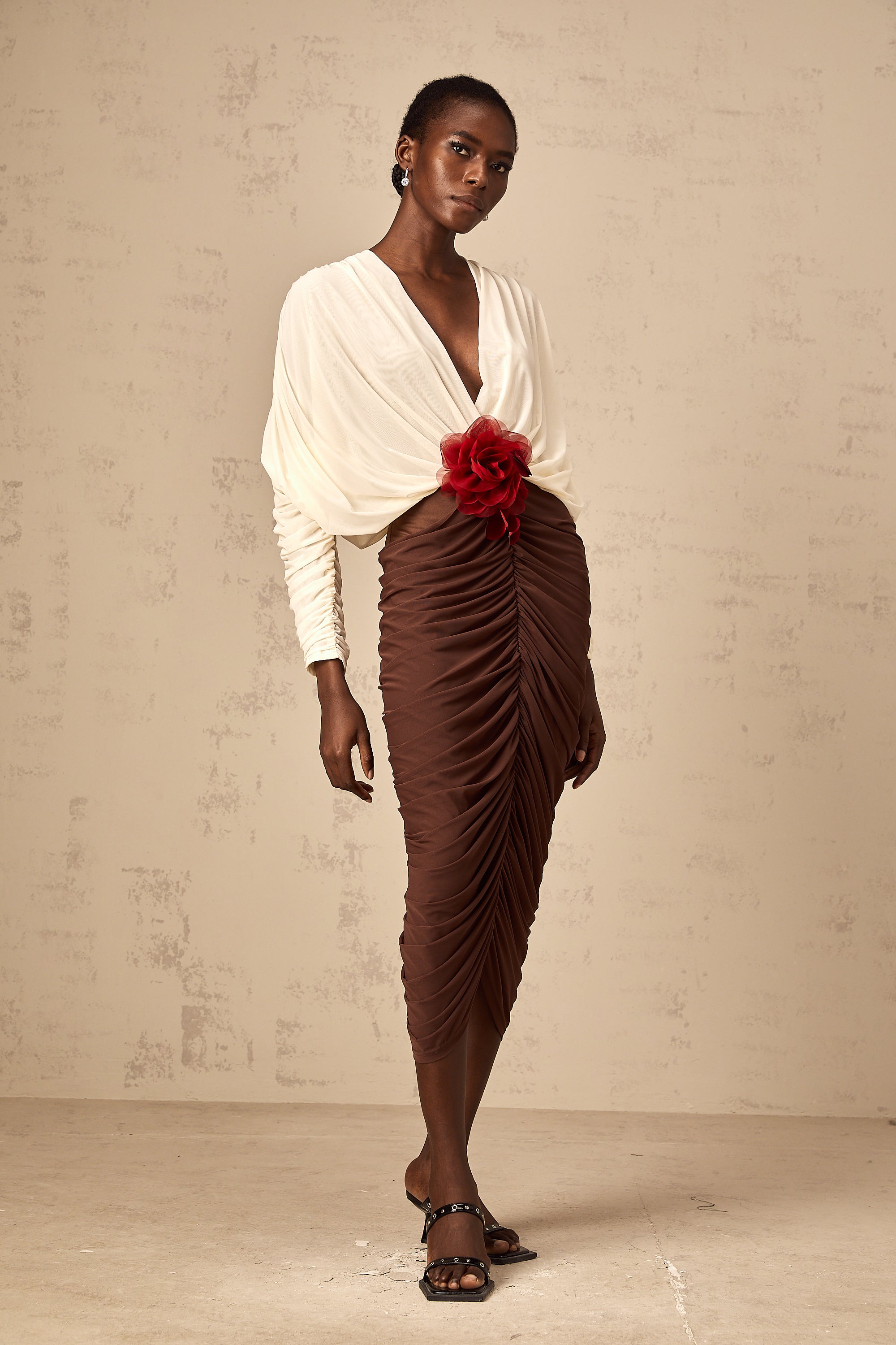 Léontine color-blocked flower-brooch ruched midi dress (Final Sale)