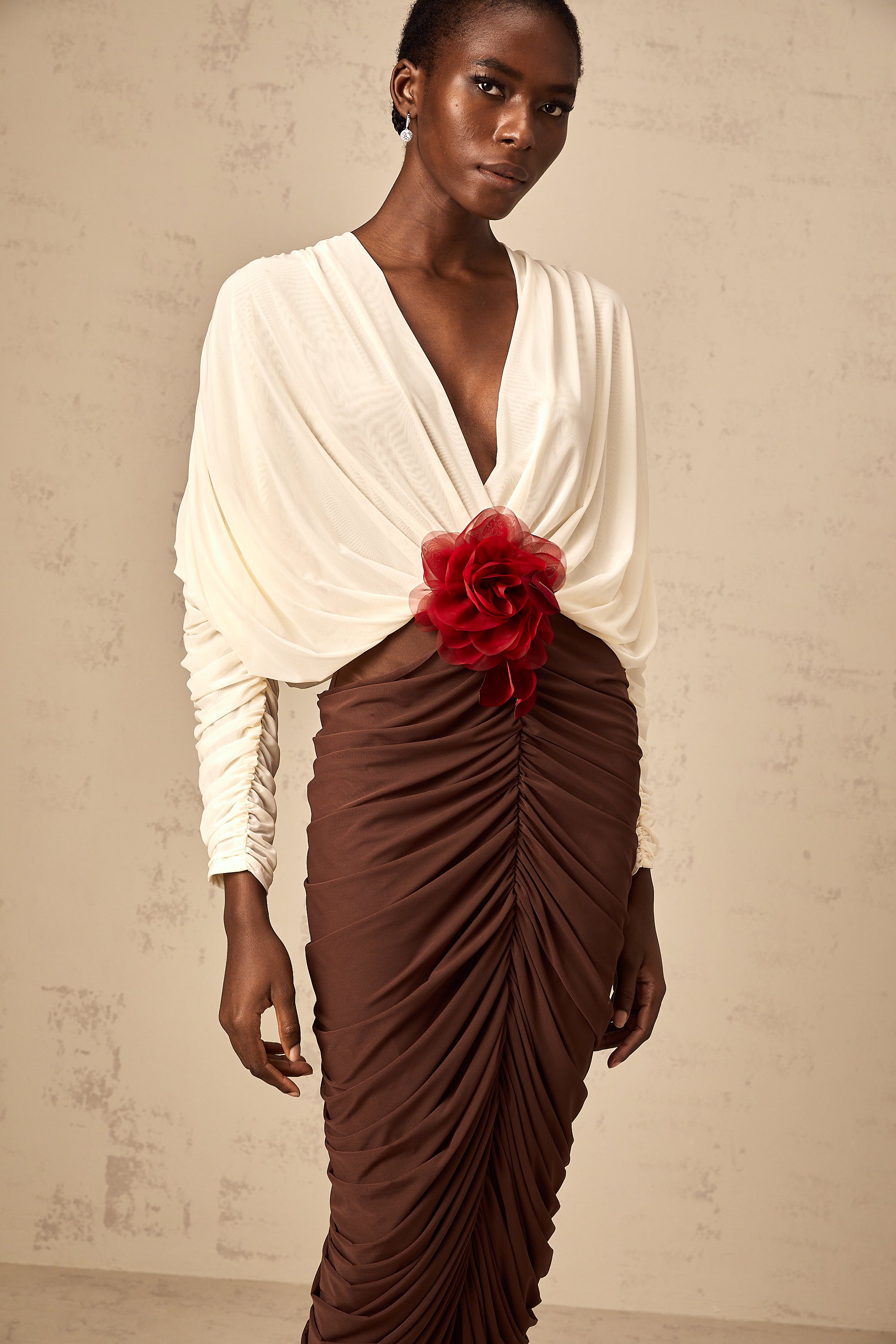 Léontine color-blocked flower-brooch ruched midi dress (Final Sale)