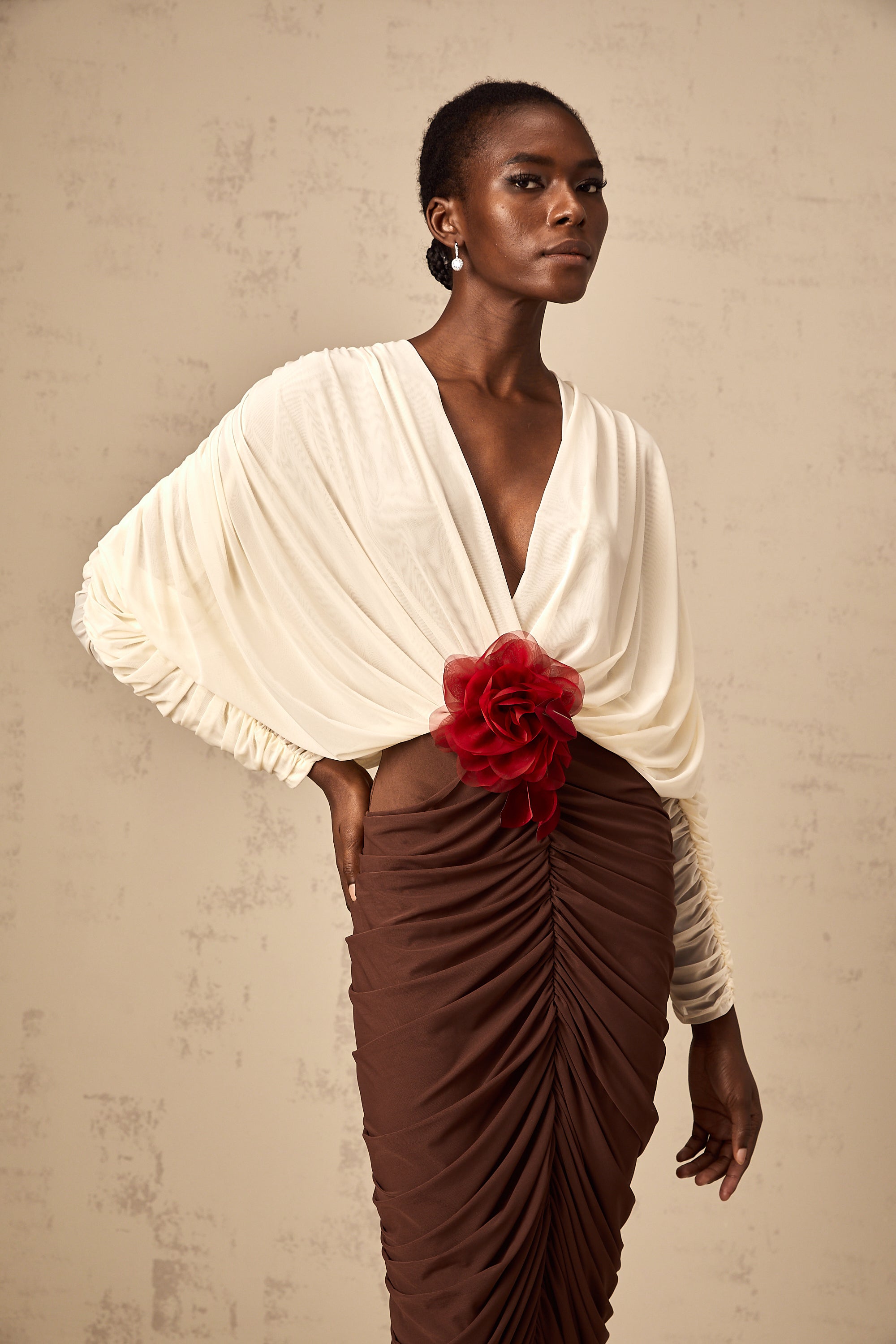 Léontine color-blocked flower-brooch ruched midi dress (Final Sale)