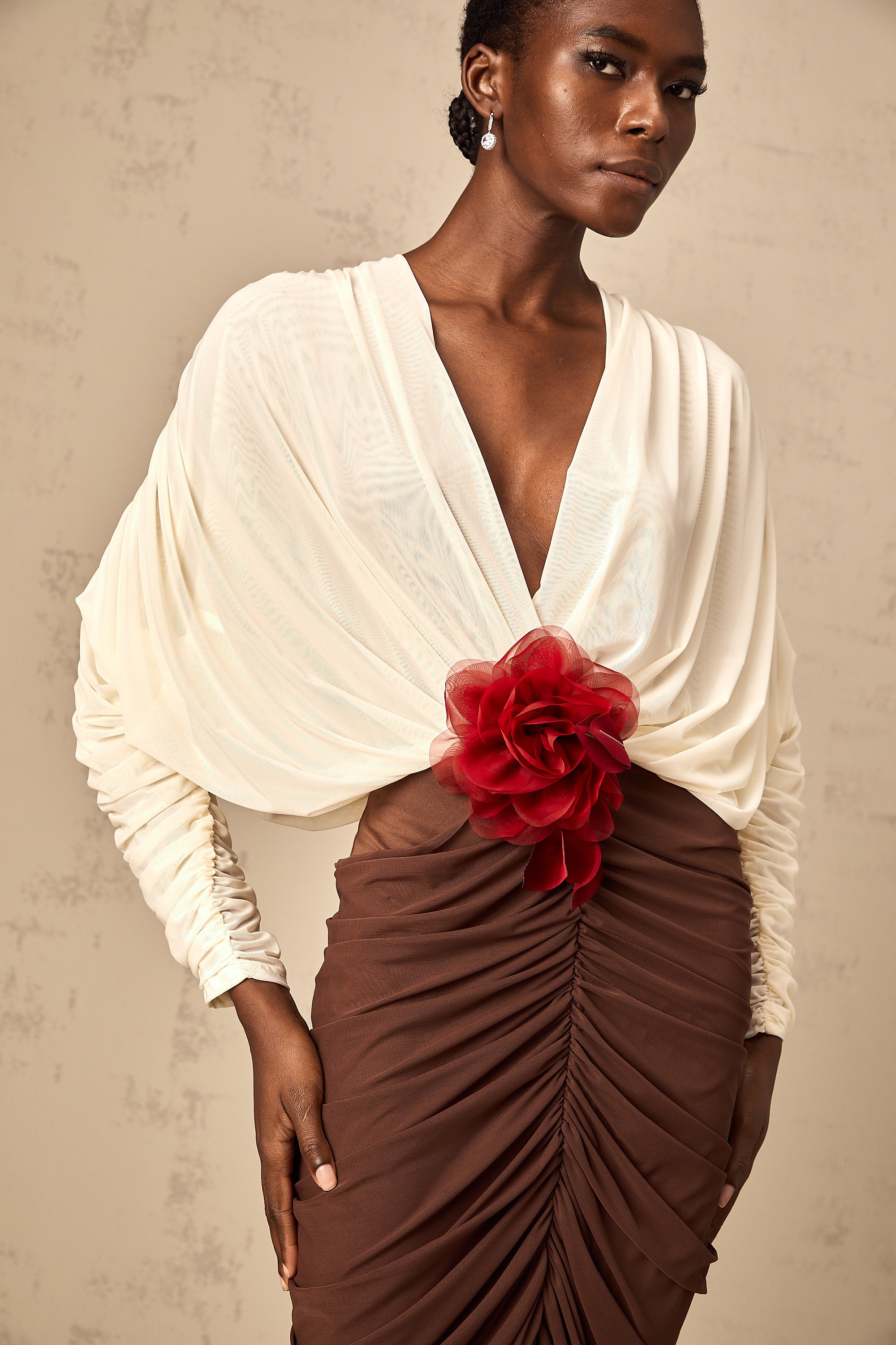 Léontine color-blocked flower-brooch ruched midi dress (Final Sale)