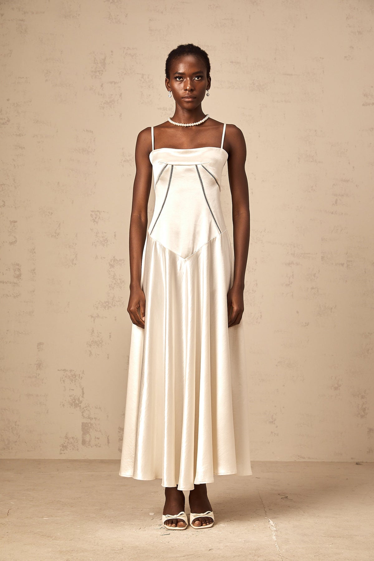 Claudia white flared satin maxi dress