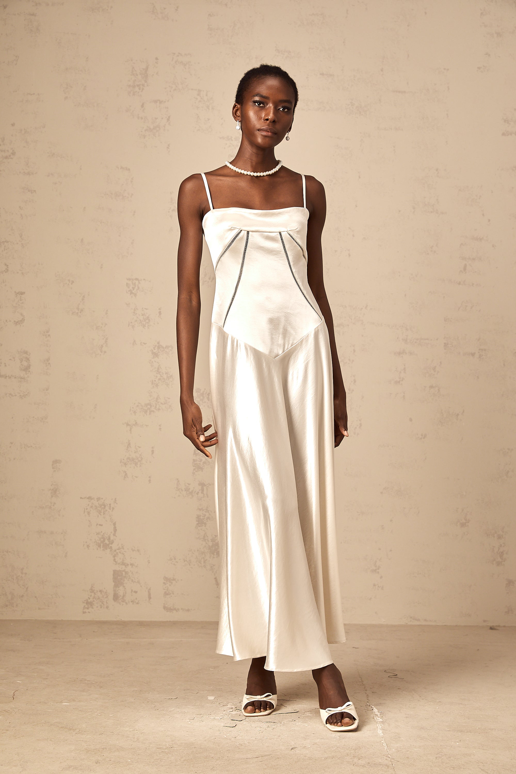 Claudia white flared satin maxi dress