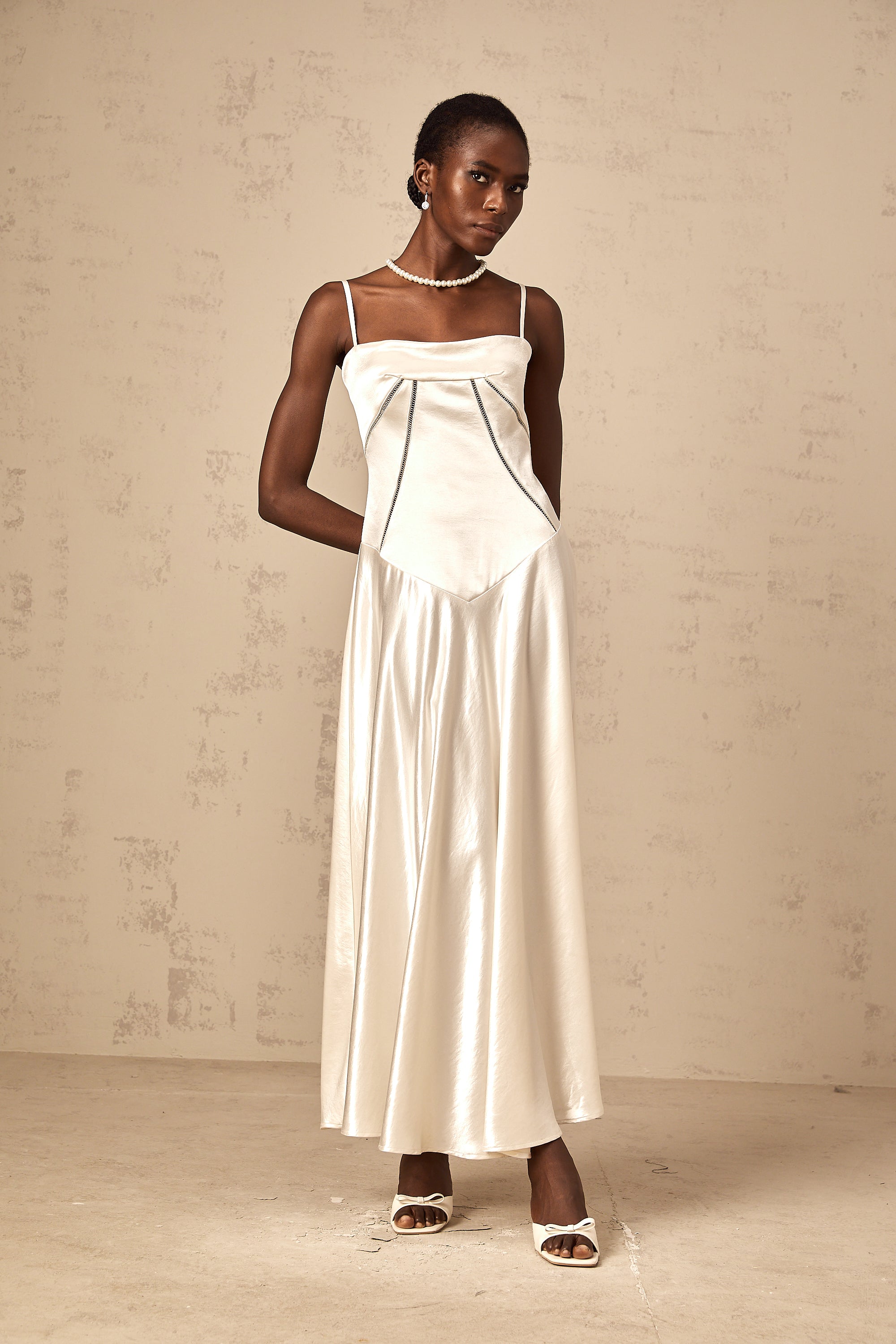 Claudia white flared satin maxi dress