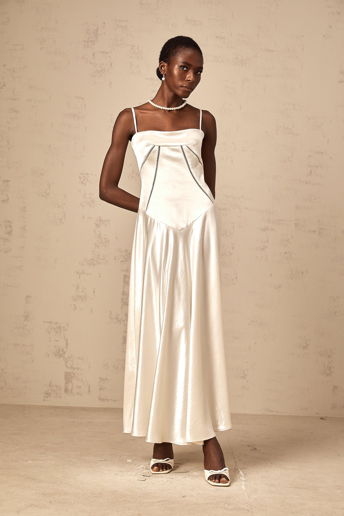 Claudia white flared satin maxi dress